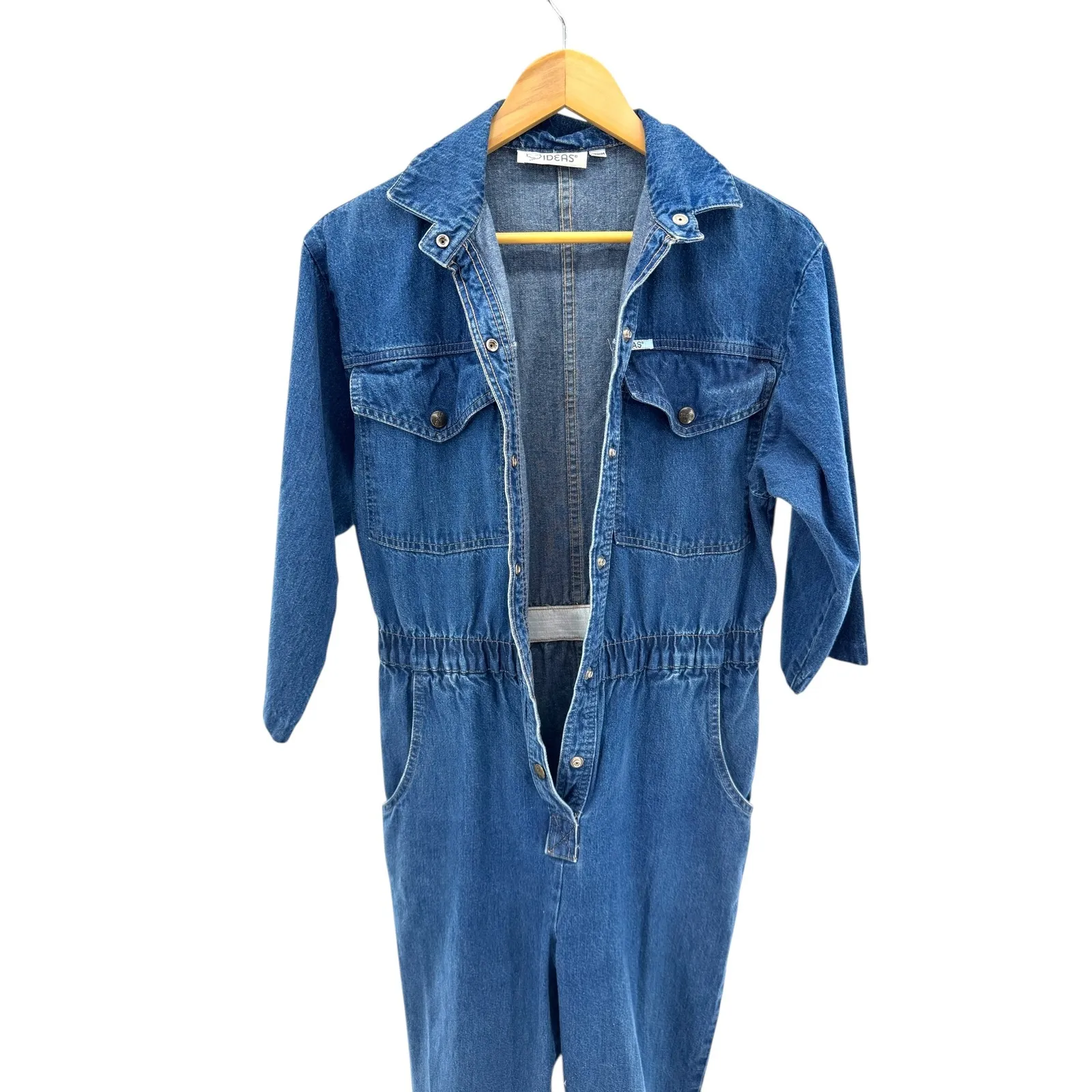 VTG IDEAS Denim Utility Jumpsuit Medium Blue Jean Boiler Suit 3/4 Sleeve 80s 90s - Image 7