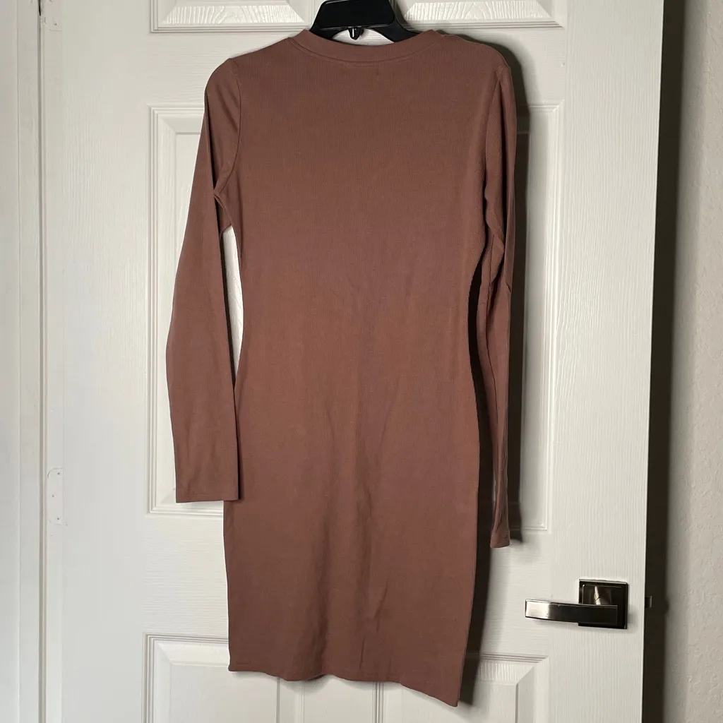 TWINTH 3/4 Zip Long Sleeve Midi Dress Brown Size M - Image 4