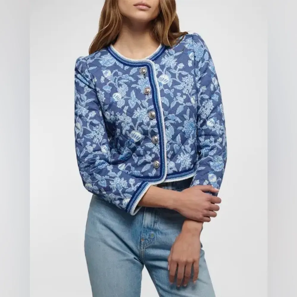 10 Crosby Derek Lam Aster Quilted‎ Jacket 10 Blue Floral Crochet Coastal Prep - Image 2