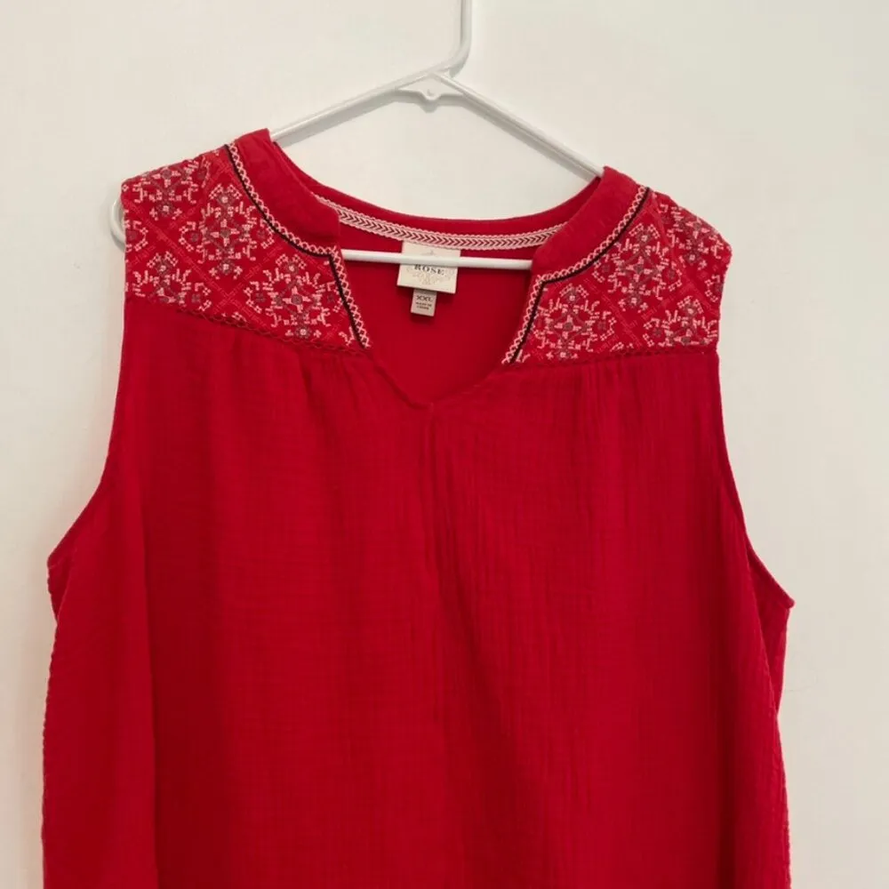 KNOX ROSE Sleeveless Gauze Tank Top Bright Red Embroidered Geo Mixed Media Boho - Image 4