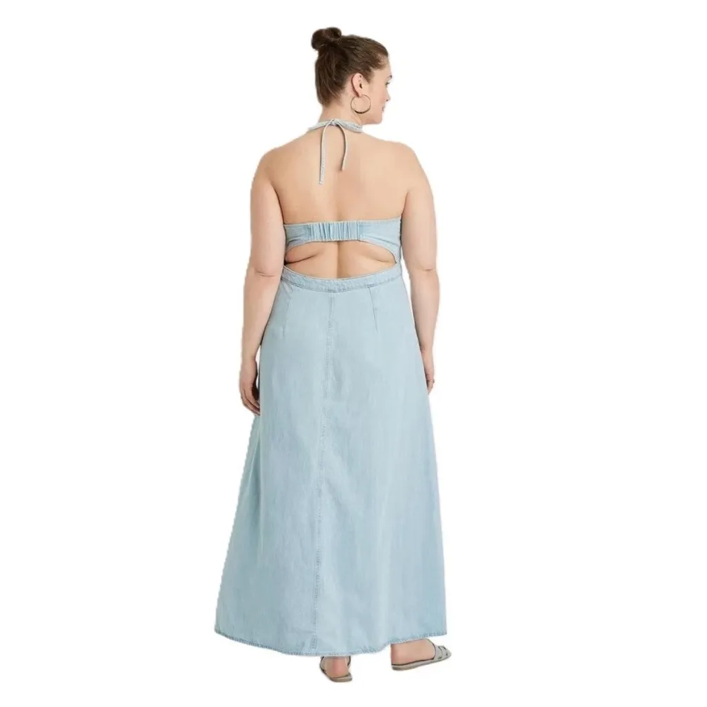 Universal Thread Light Wash Denim Backless Halter Maxi Dress Pocket Button 14 - Image 2