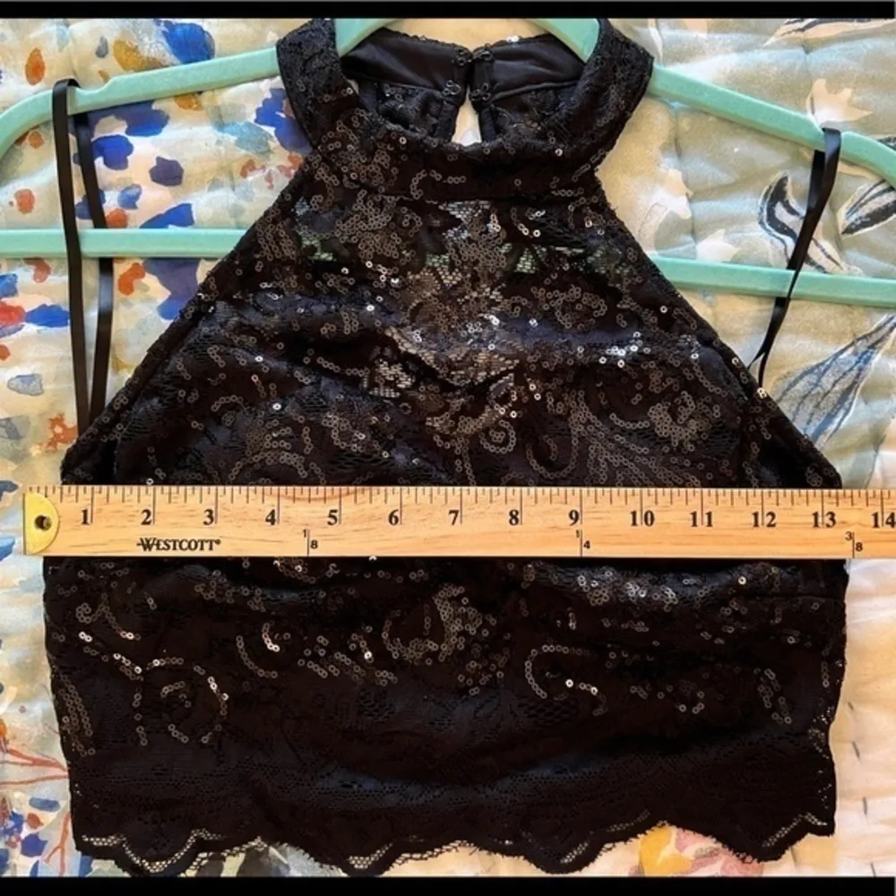 CITY STUDIO 3 Lace Sequin Halter Crop Top Tank Black Size undefined - Image 11