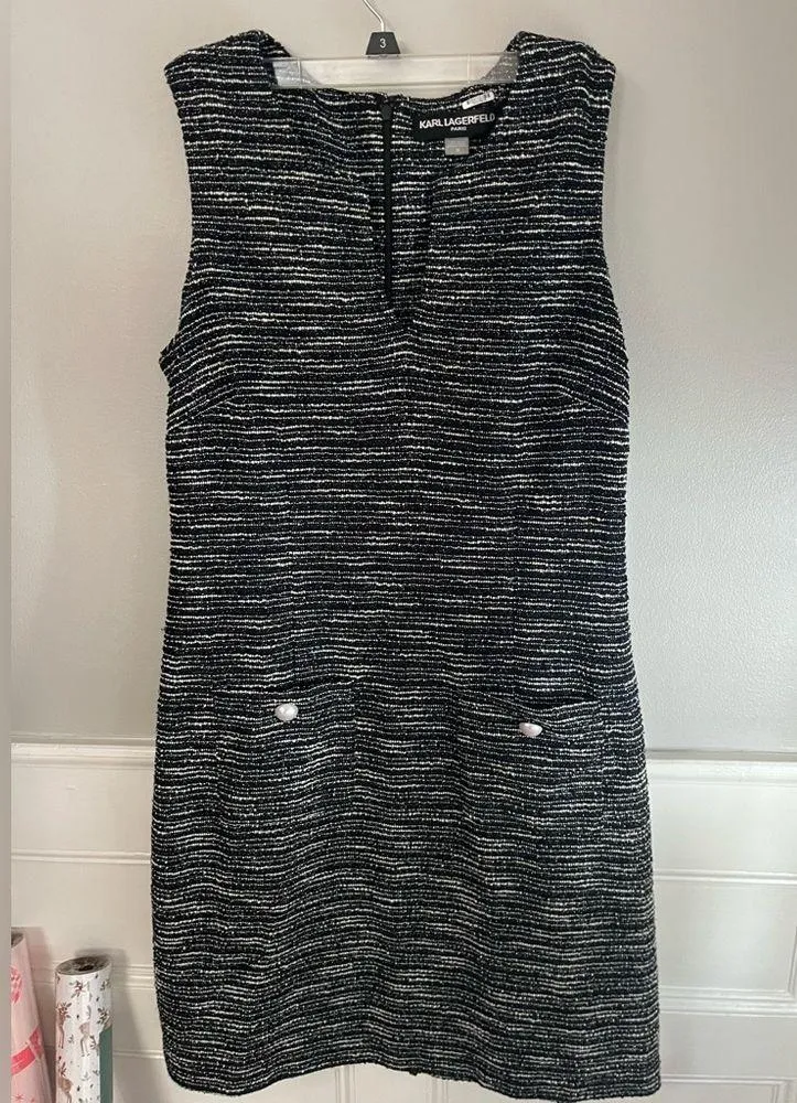 Karl Lagerfeld Paris Women’s Tweed Knit Black White Silver Metallic Sheath Dress - Image 4