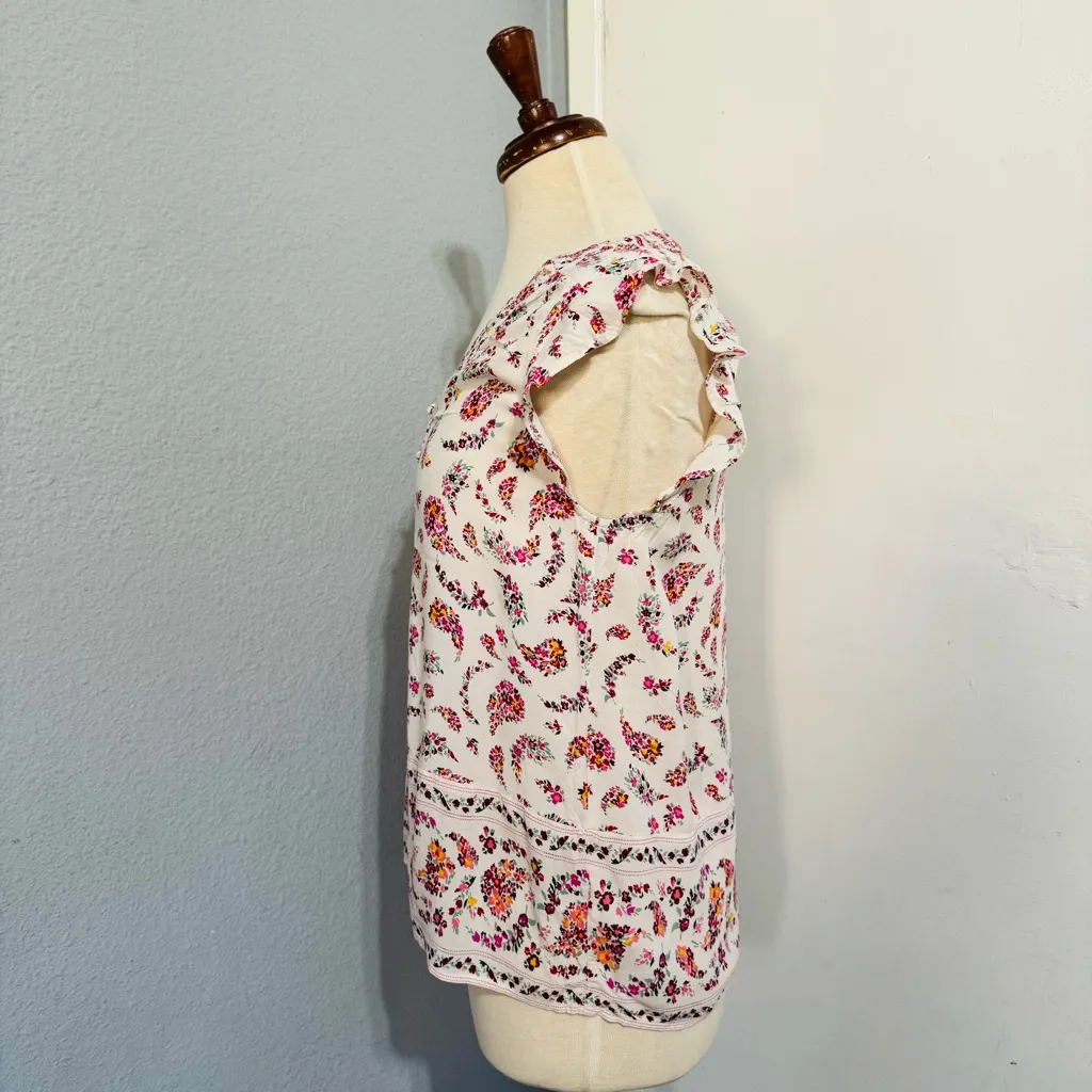 Old Navy Women Cream Pink Floral V-Neck Semi Flared Sleeves Relaxed Fit Blouse M - Image 7