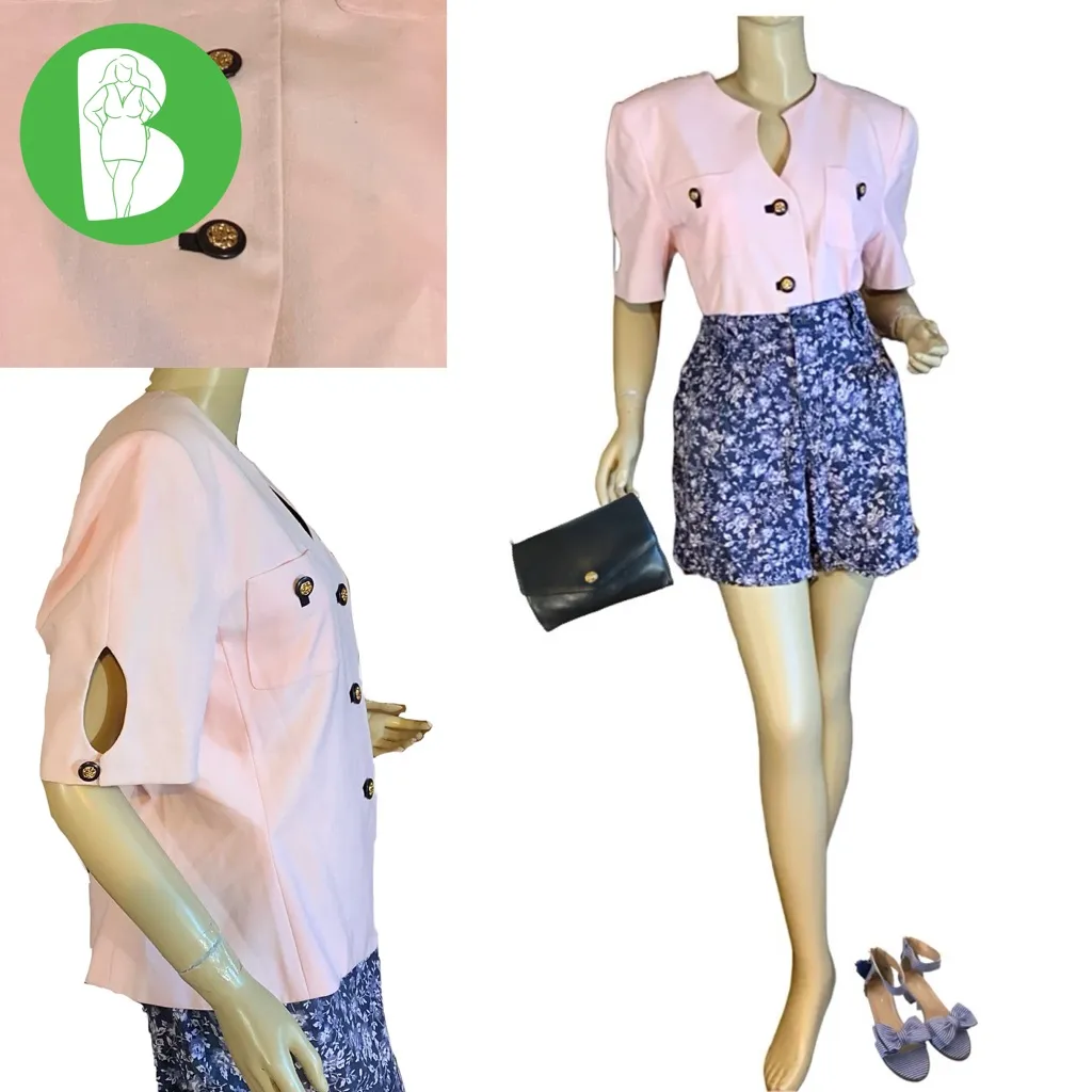 VINTAGE 1990'S KASPER A.S.L. LIGHT PINK & NAVY BLUE SHORT SLEEVE BLAZER (L) Size L - Image 2