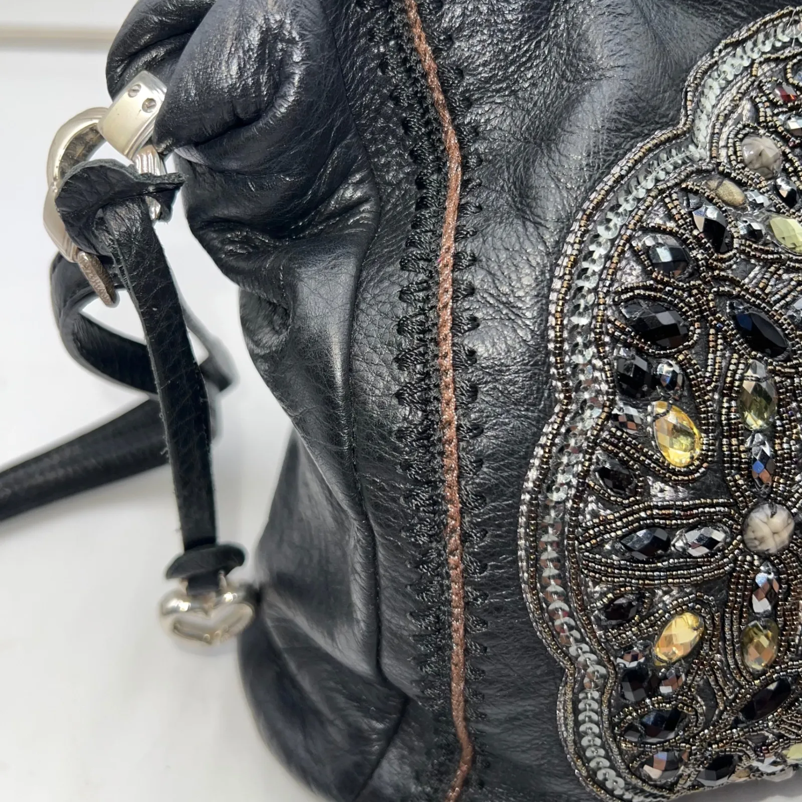 Brighton Black Leather Beaded Crossbody Bag Heart Charm Designer Purse - Image 4