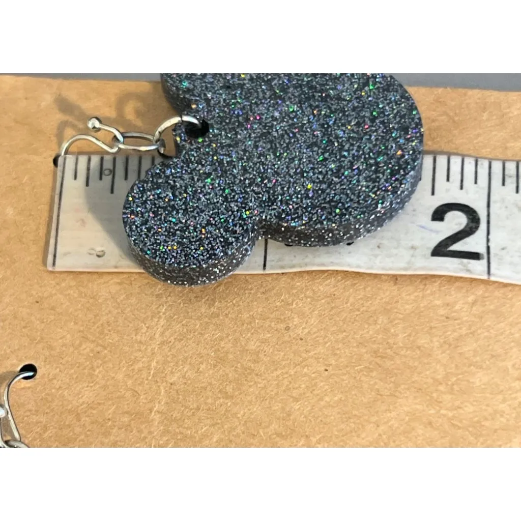 Black Glitter Resin Mickey Mouse Head Earrings Dangle Hooks 1.75" New on Card - Image 4