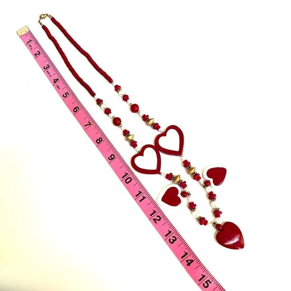 Red white faux pearl gold tone heart beaded necklace - Image 6