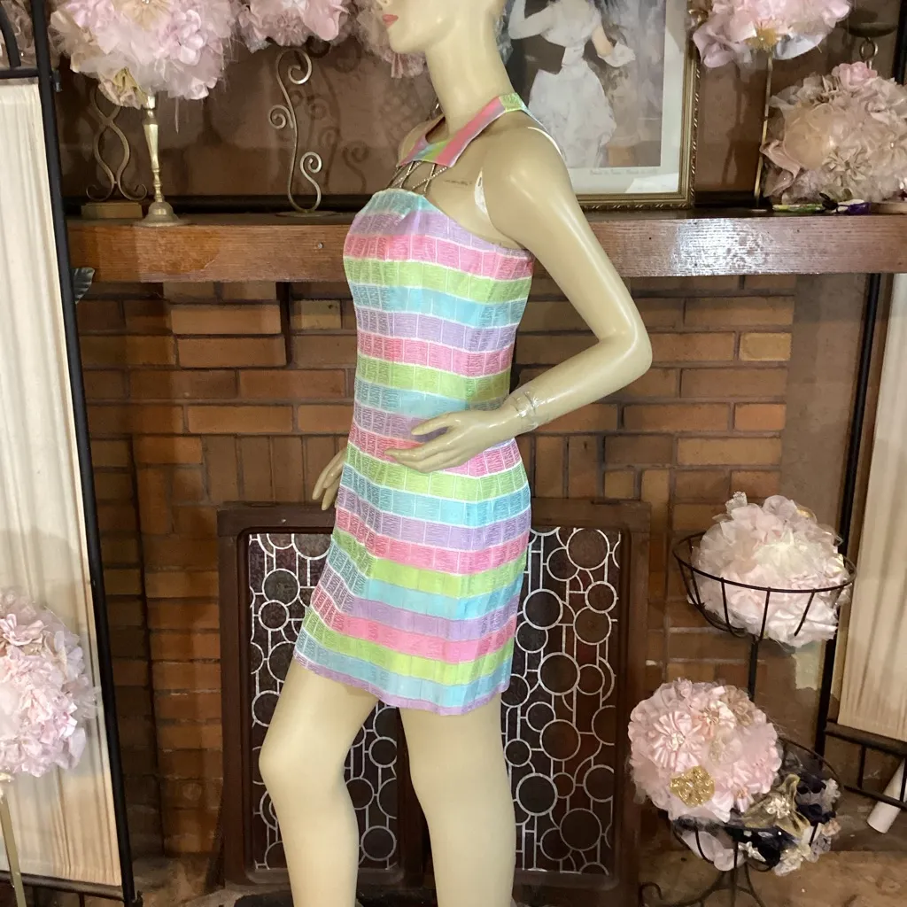 VINTAGE 1990'S CACHE MULTI-COLOR PASTEL W/RHINESTONE CUT OUTS SHEATH DRESS (2) - Image 6