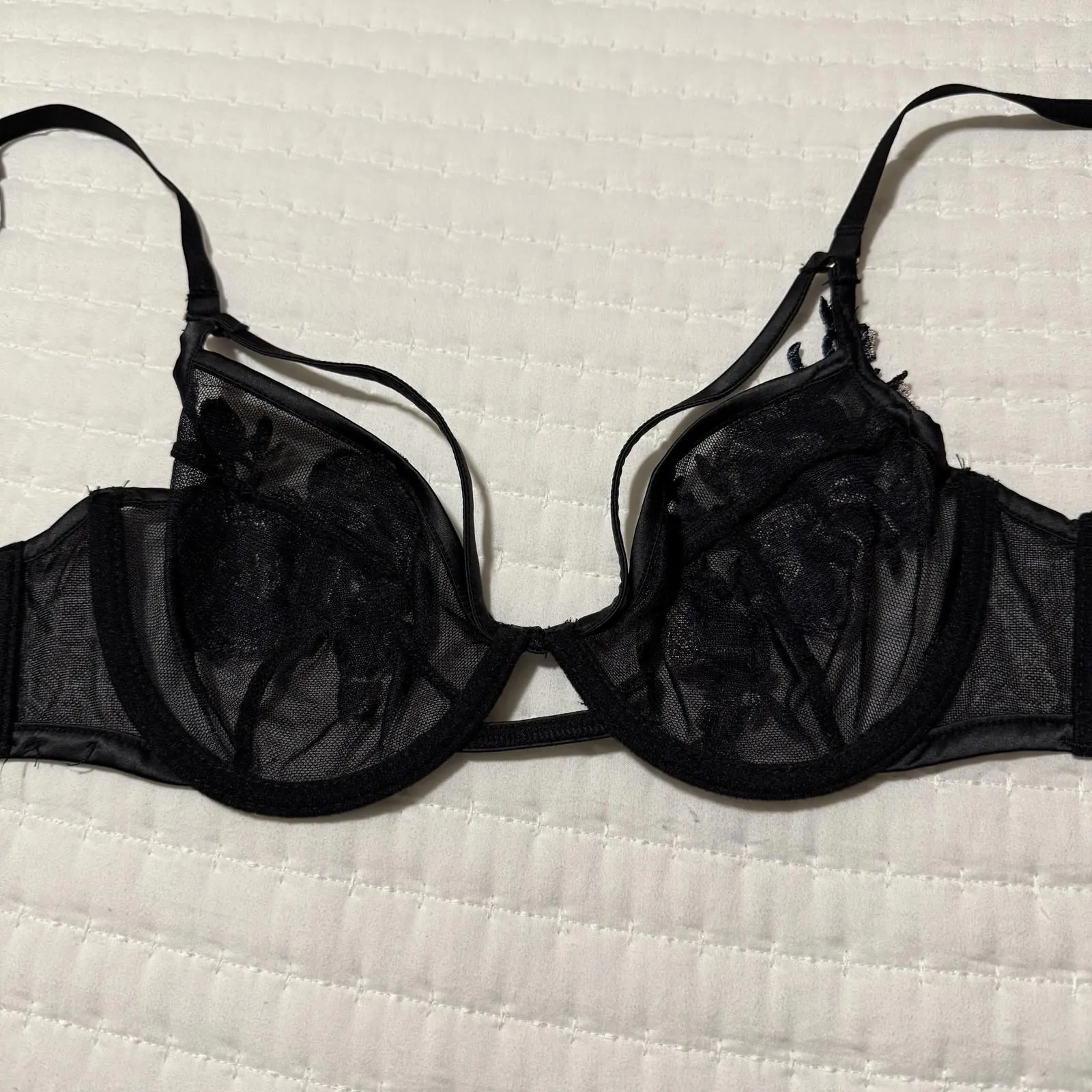 Bluebella Mesh Floral Cage Bra Black Blue Size 32C Strappy Flower Applique - Image 4