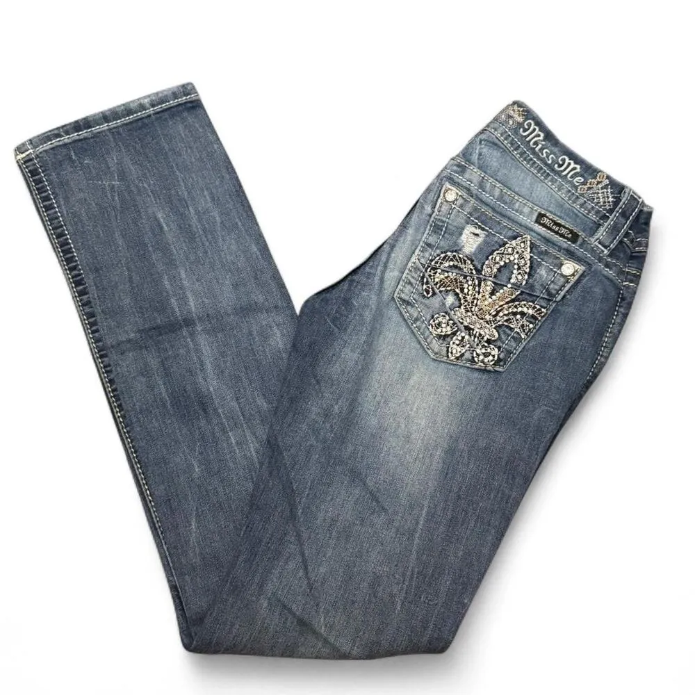 Miss Me Women's Signature Straight JE8448T3L Embellished Blue Jeans Size 27 - Image 5