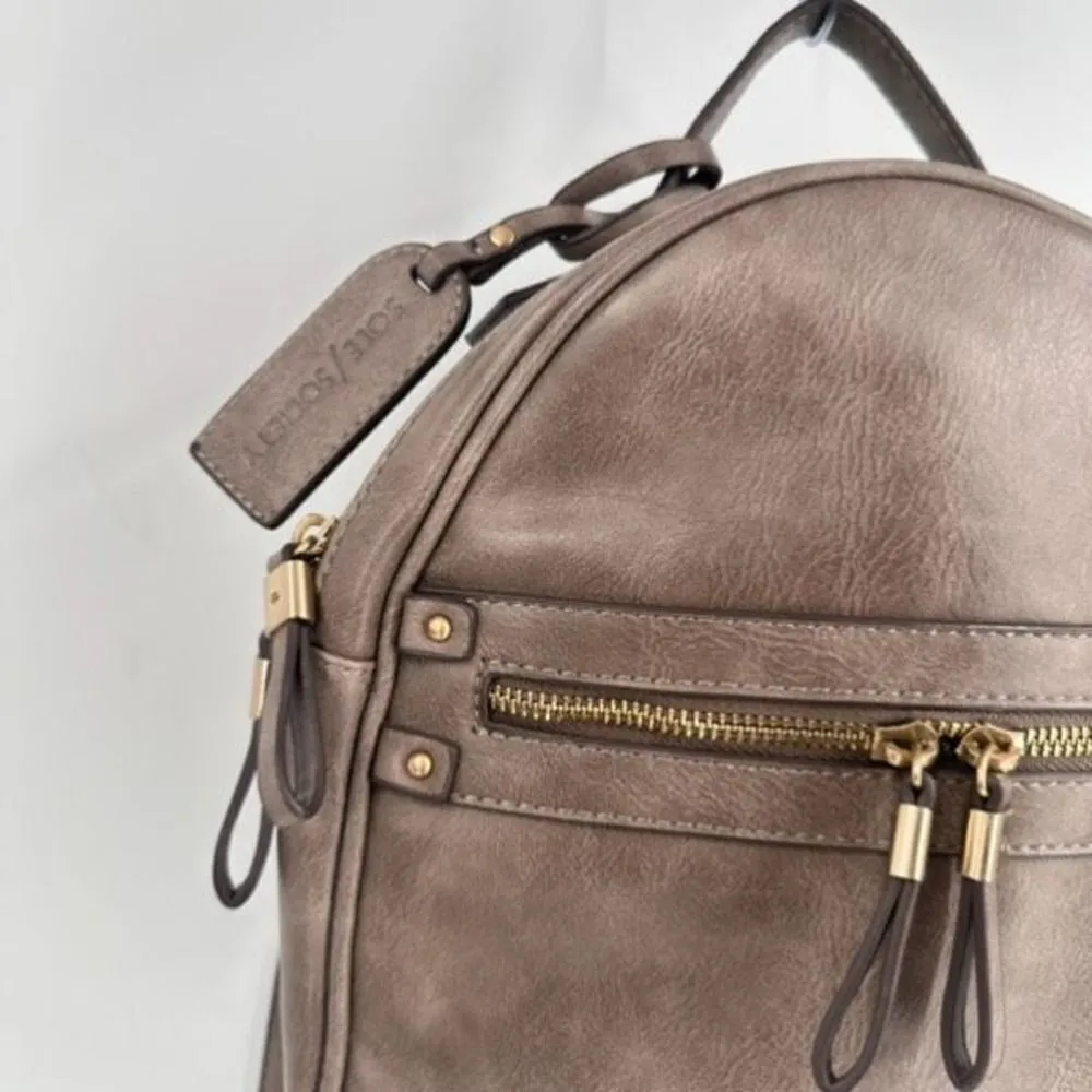 Soleā Society Women's Brown Gray Faux LeatherāLined Adjustable Mini Backpack Bag - Image 3