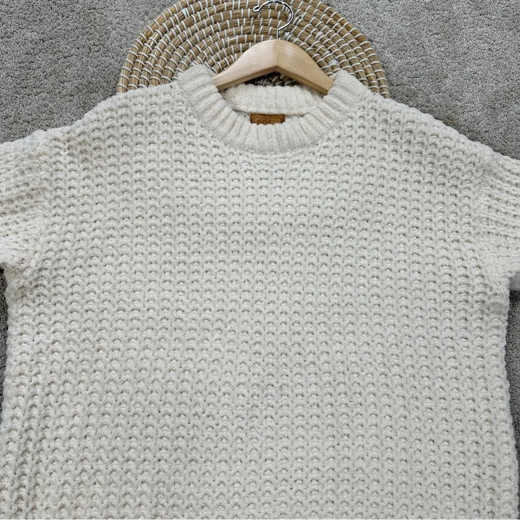 POL Women’s Cable Knit Chunky Crewneck Chenille Knit Sweater Oversized Ivory S - Image 3