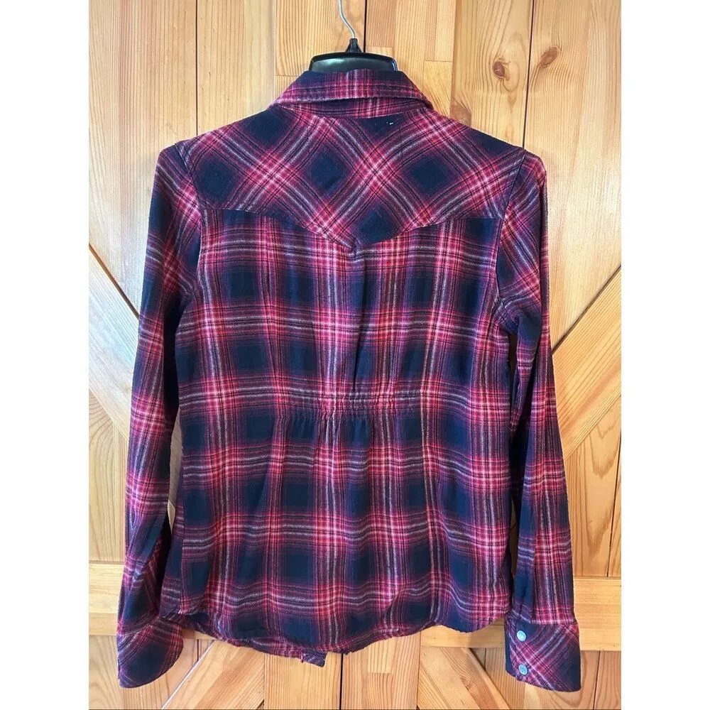 Decree Juniors Red Purple Plaid Button Up Pearl Snap Top Size Large (5478) - Image 7