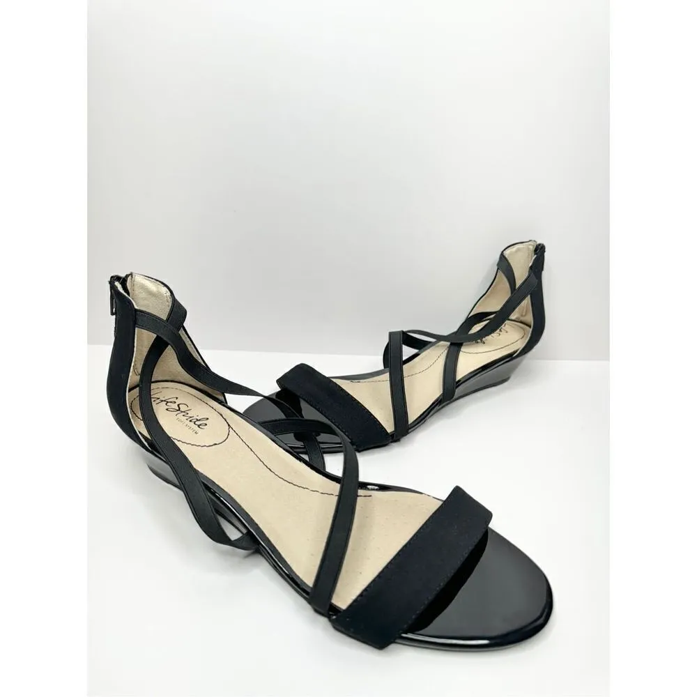 Life Stride Sandals Size 11 Black Yolanda Strappy Open Toe Cushioned Wedges - Image 3