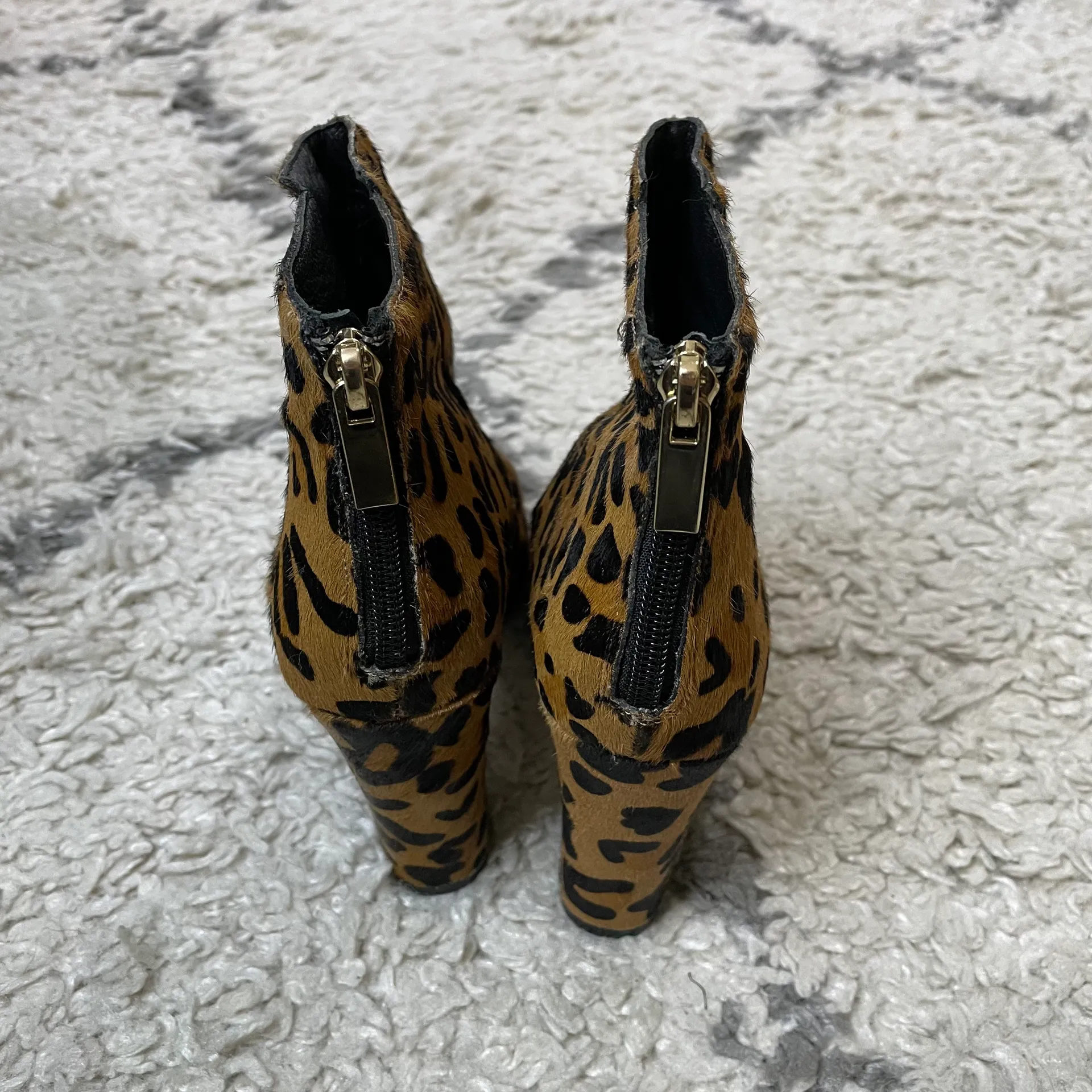 RAYE Ivy Pony Hair Booties in Dark Tan Leopard  6 Ankle Block Heel Black - Image 7