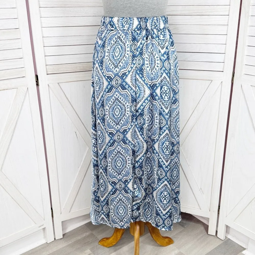 Metrowear Satin‎ Mosaic Print Midi Skirt Blue White Medium - Image 4
