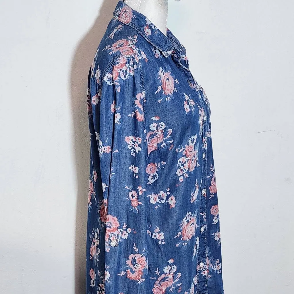 Cato Blue and Pink Floral Chambray Button Down Tunic Shirt Size Medium - Image 6