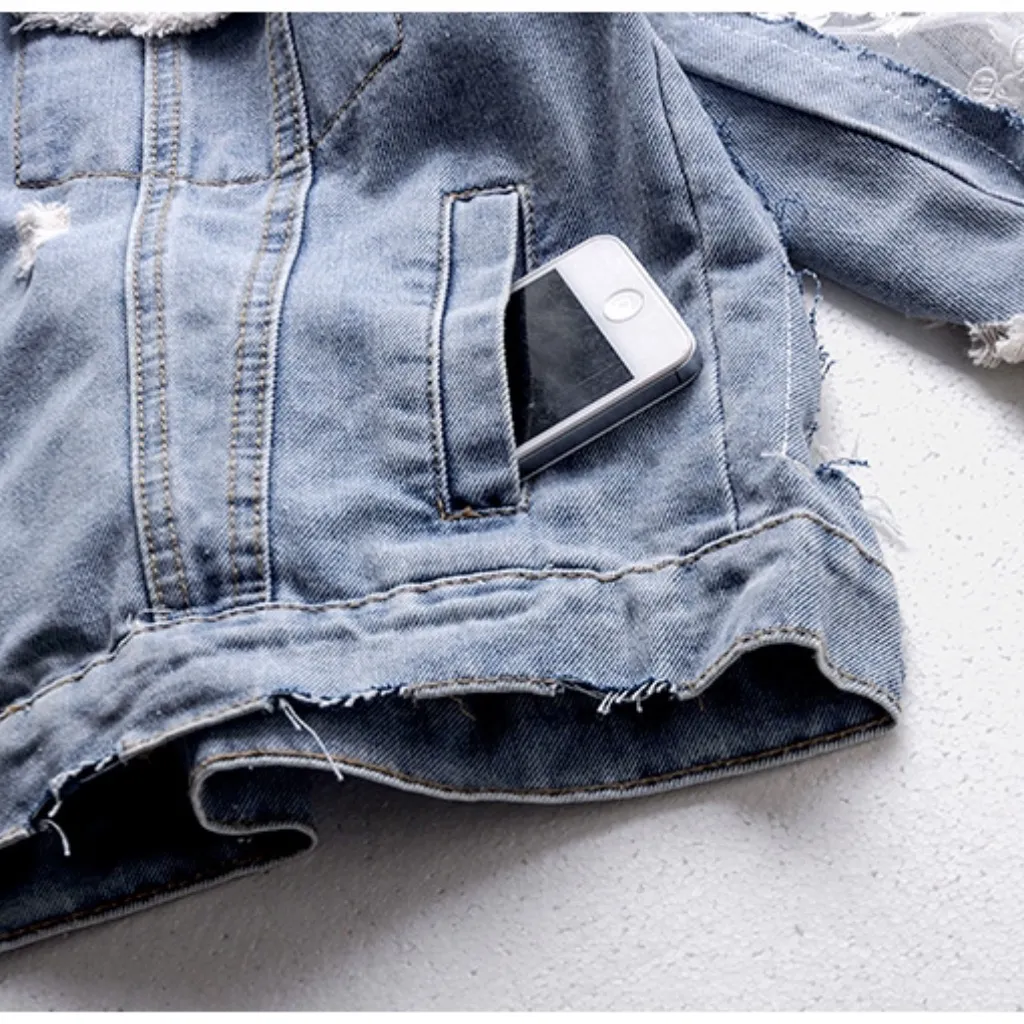 Womens Denim Lace Inset Raw Edge Boho Beautiful Jacket sz medium Blue - Image 7