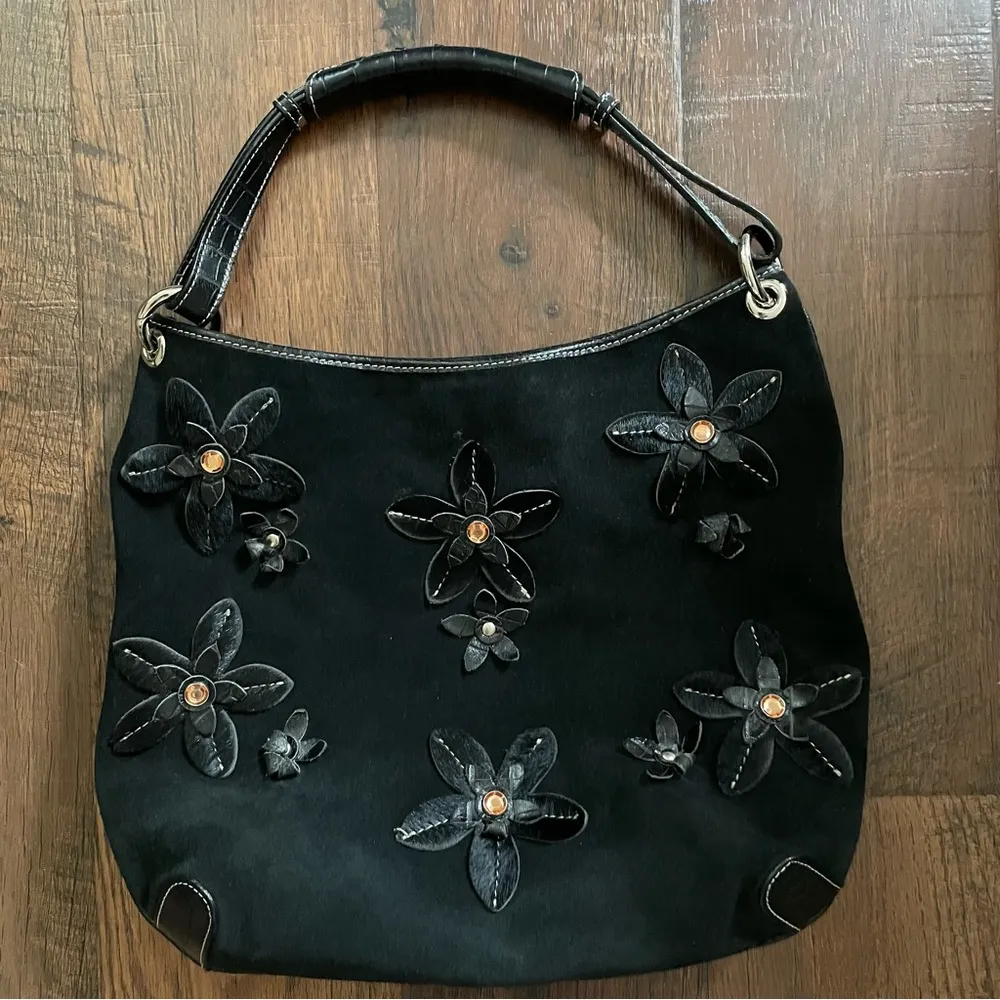 Black suede, pony hair/leather/rhinestone floral appliqué hobo, made in Italy - Image 2