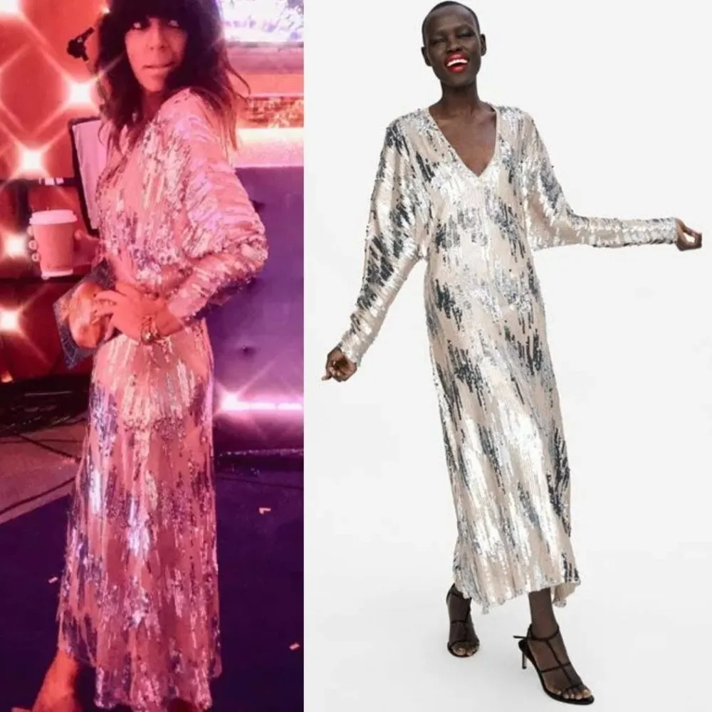 Zara Silver Sequin Maxi Dress Dolman Long Sleeve Metallic Blogger Fave Small - Image 11