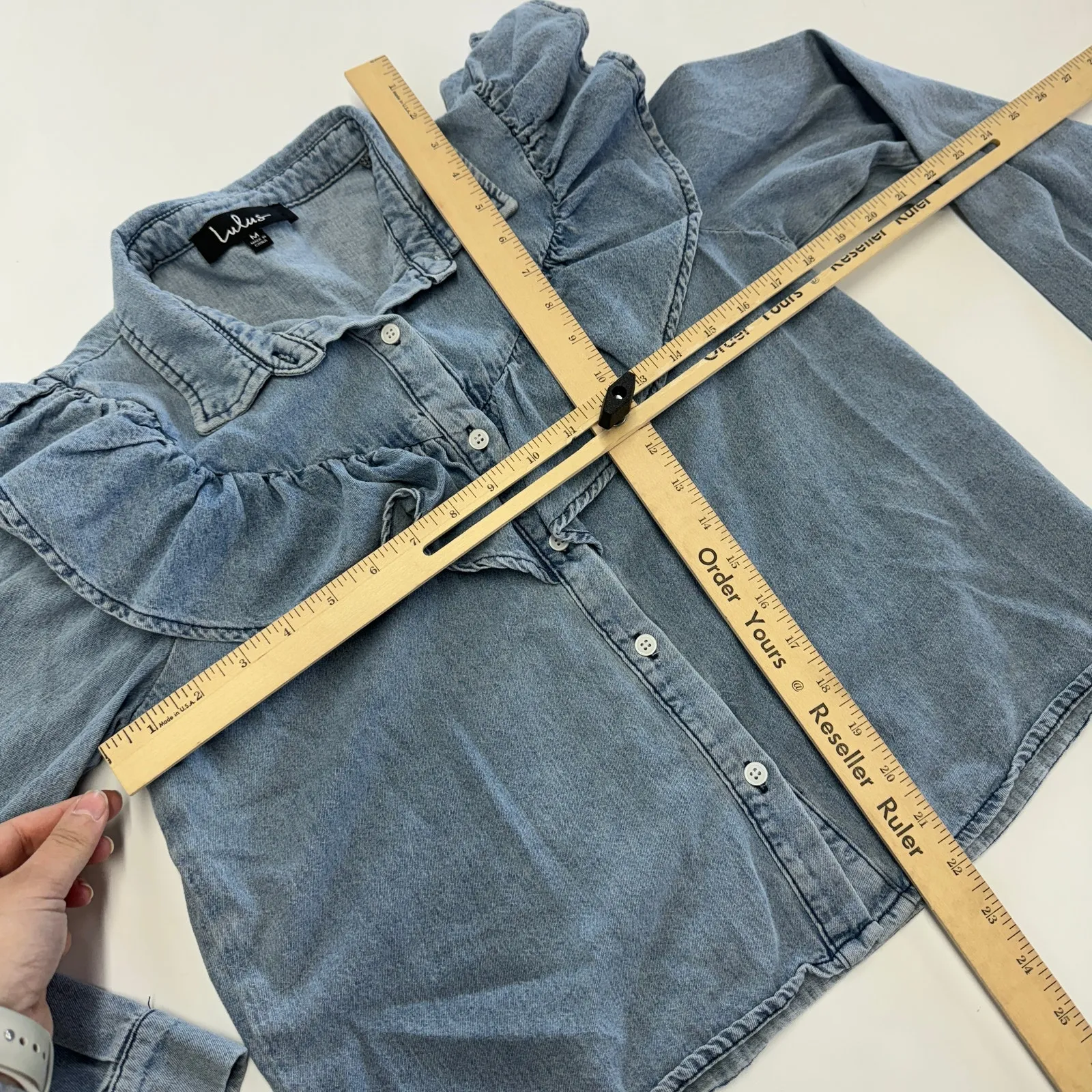 Lulus Top‎ Womens Medium Blue Chambray Ruffle Belle of the Moment Cotton - Image 8