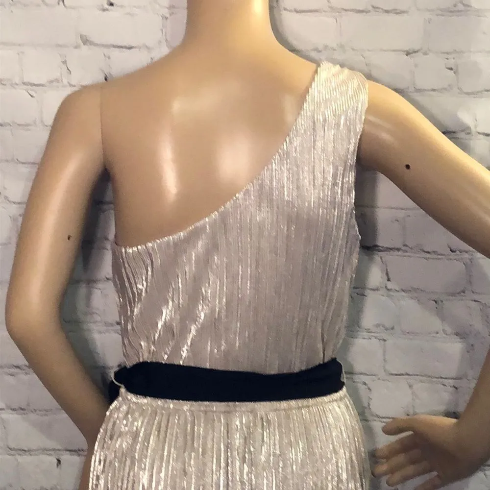 Express One Shoulder Pleated Gold Toga Style Dress Medium - Image 8