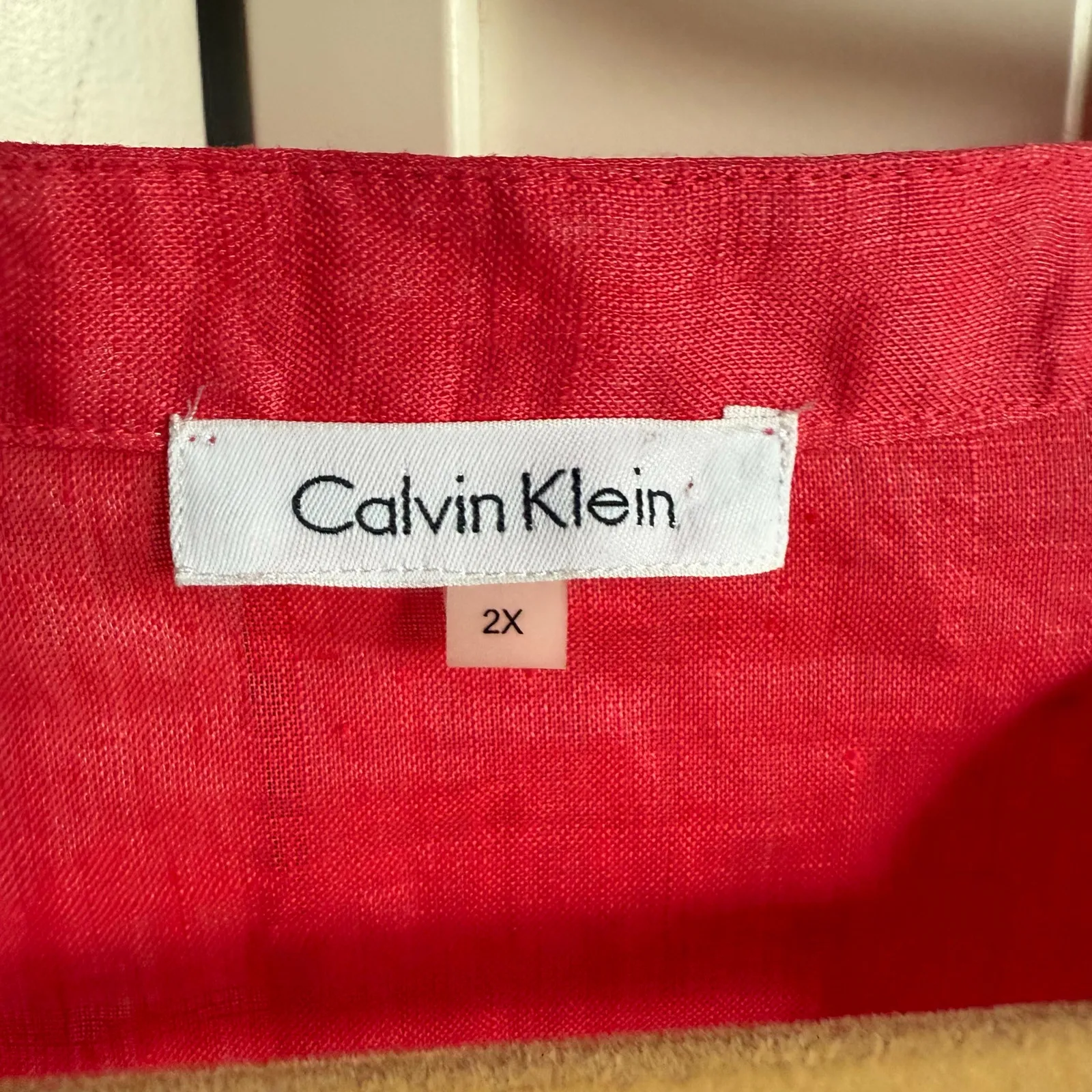 Calvin Klein Womens Blouse Sz 2X Coral Linen Roll Tab Cuff Sleeves Knit Sides‎ - Image 6