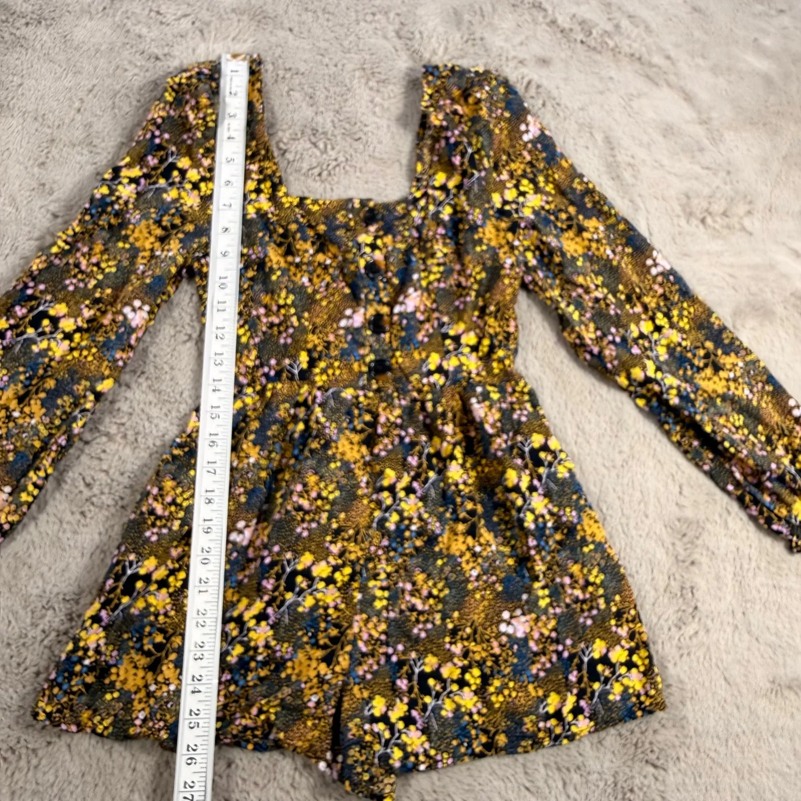 Urban Outfitters Floral Print Romper‎ Black Yellow Long Sleeve Square Neck Y2K - Image 8