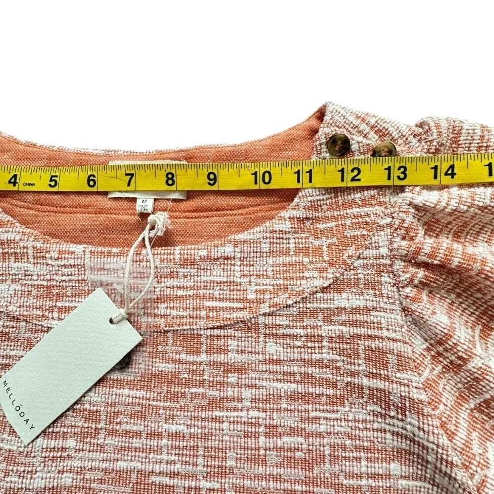 Melloday Knit Top M Orange White Puff Sleeve Tweed Cottagecore Boat Neck Classic Size M - Image 7