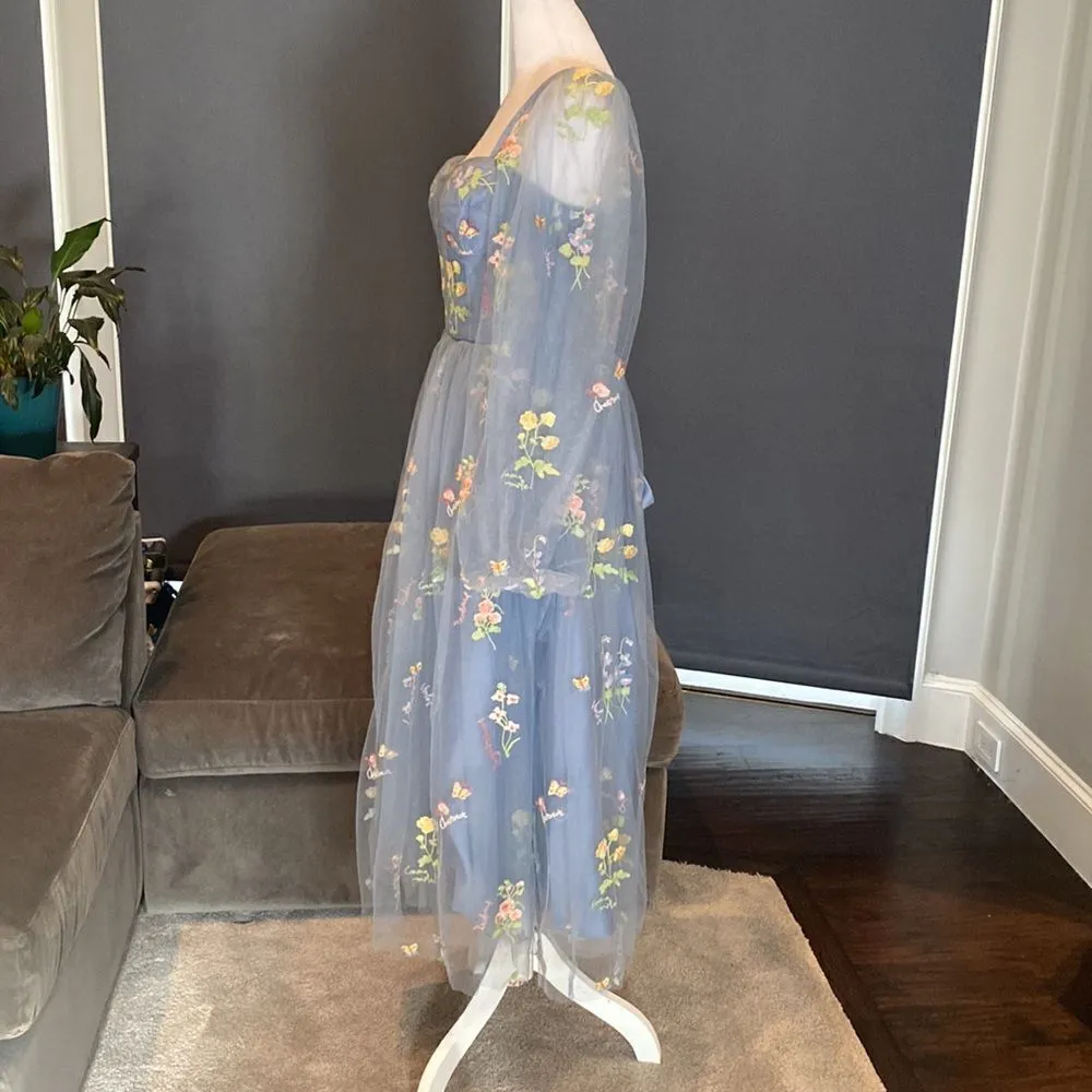 Women’s Blue Dress Embroidered Flowers & Butterflies Corset Back Size 8 **READ Blue - Image 3