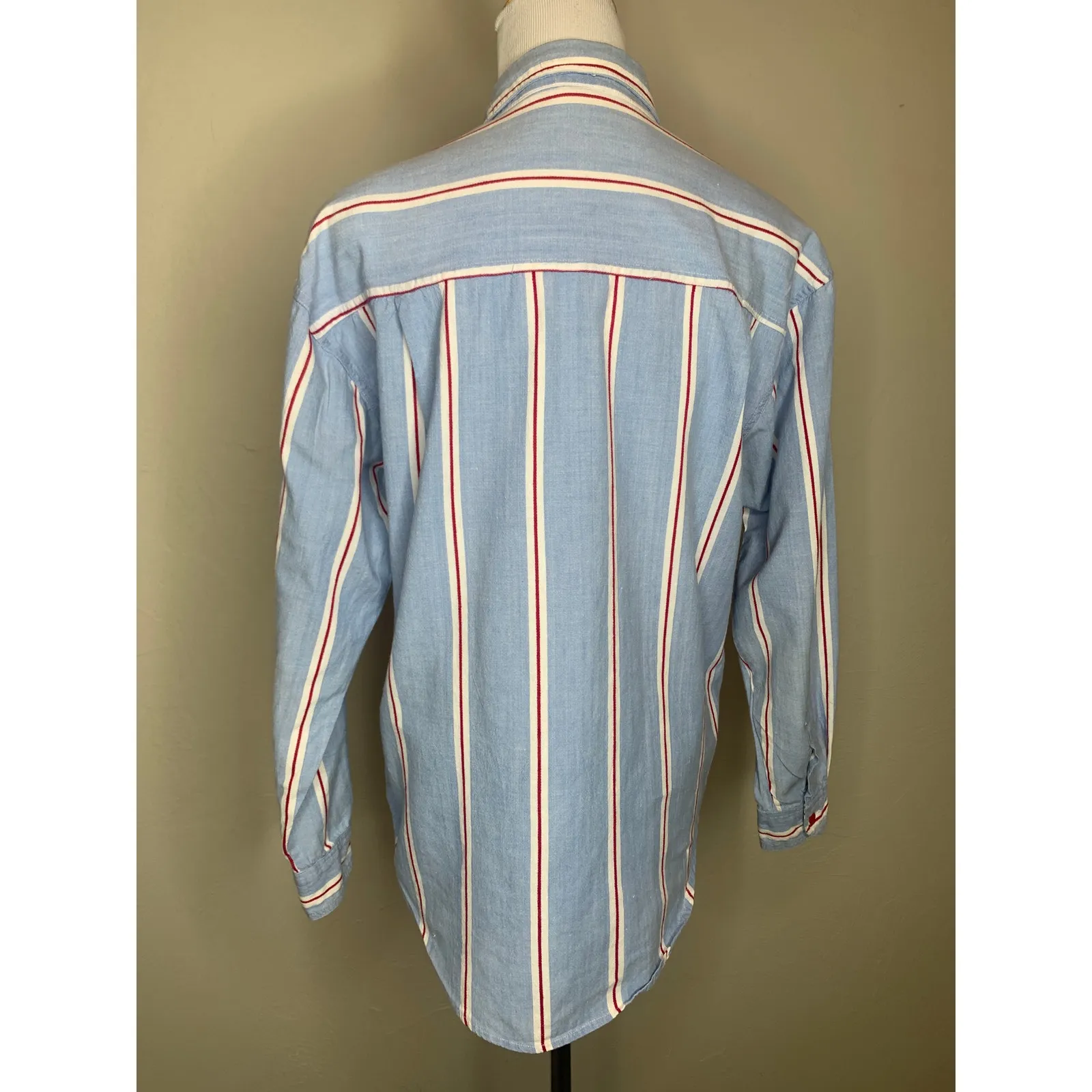 Vintage Chambray Shirt Blue Red White Stripe Sz Medium - Image 2