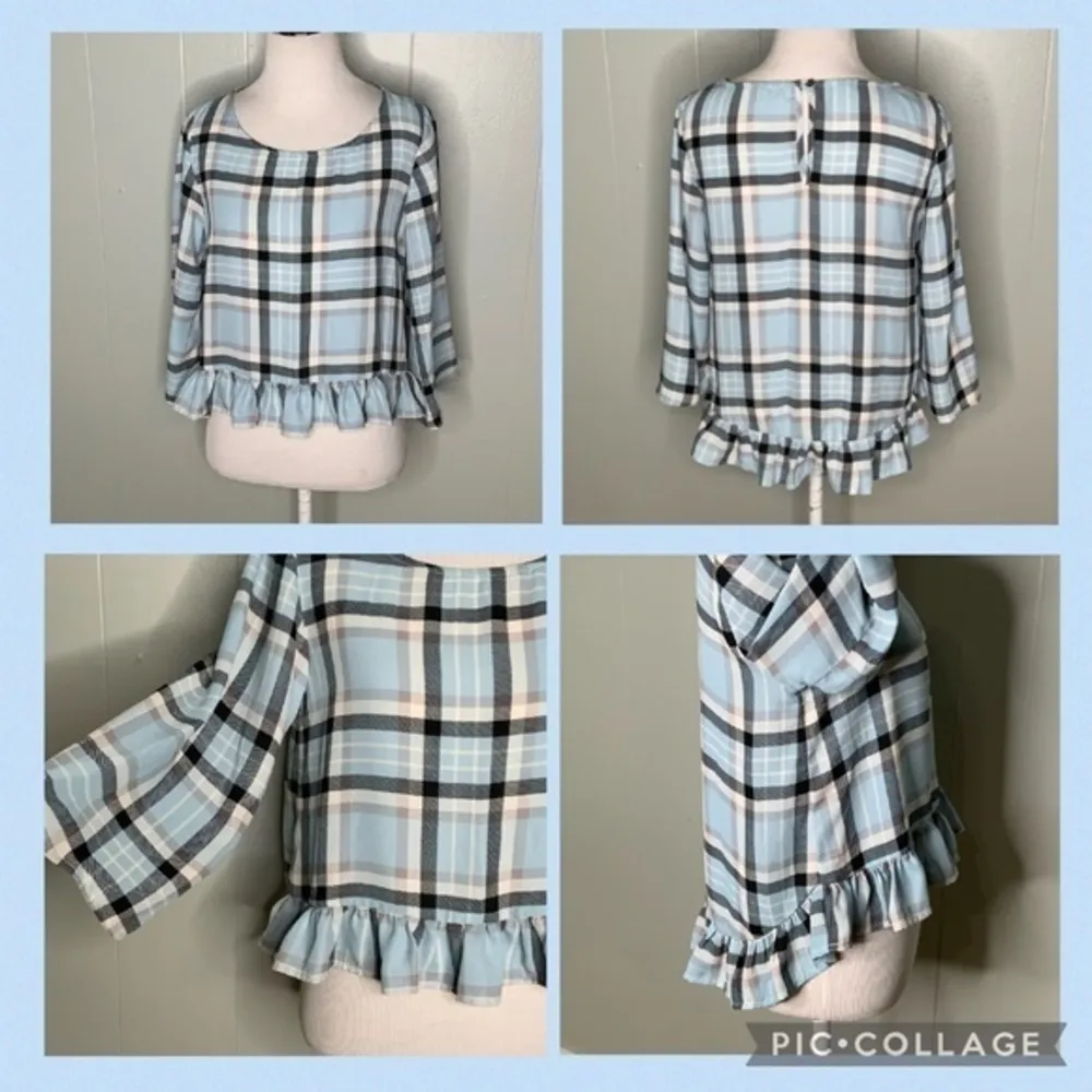 Gianni Bini Blue Plaid Crop Top Wide Sleeves Ruffle Hem Dainty Blouse S - Image 12