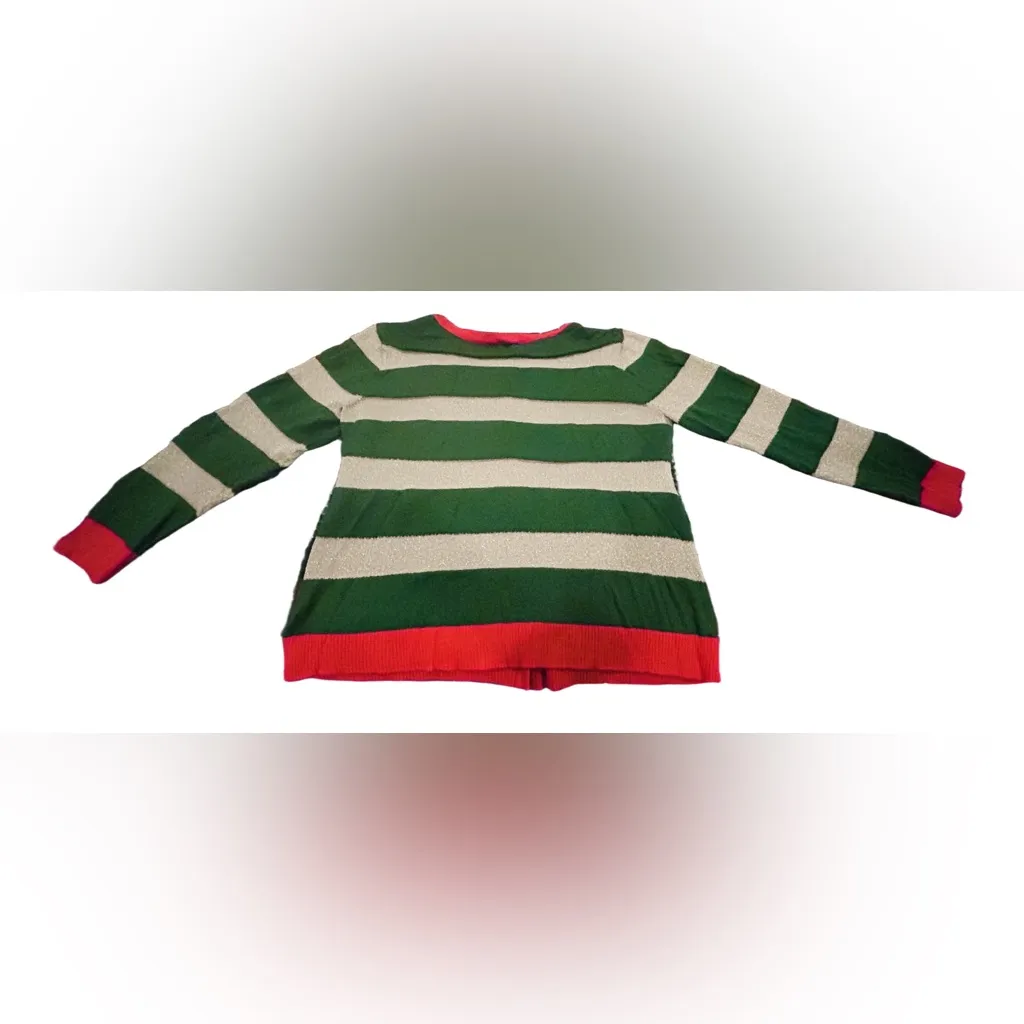 Christmas Festive Green Gold and Red Striped Cardigan women XL - Image 2