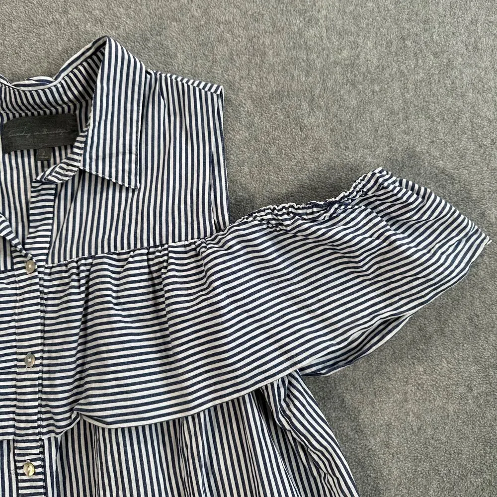 Sunday in Brooklyn Cold Shoulder Top Womens Large Blue/White Stripe Button Front - Image 2