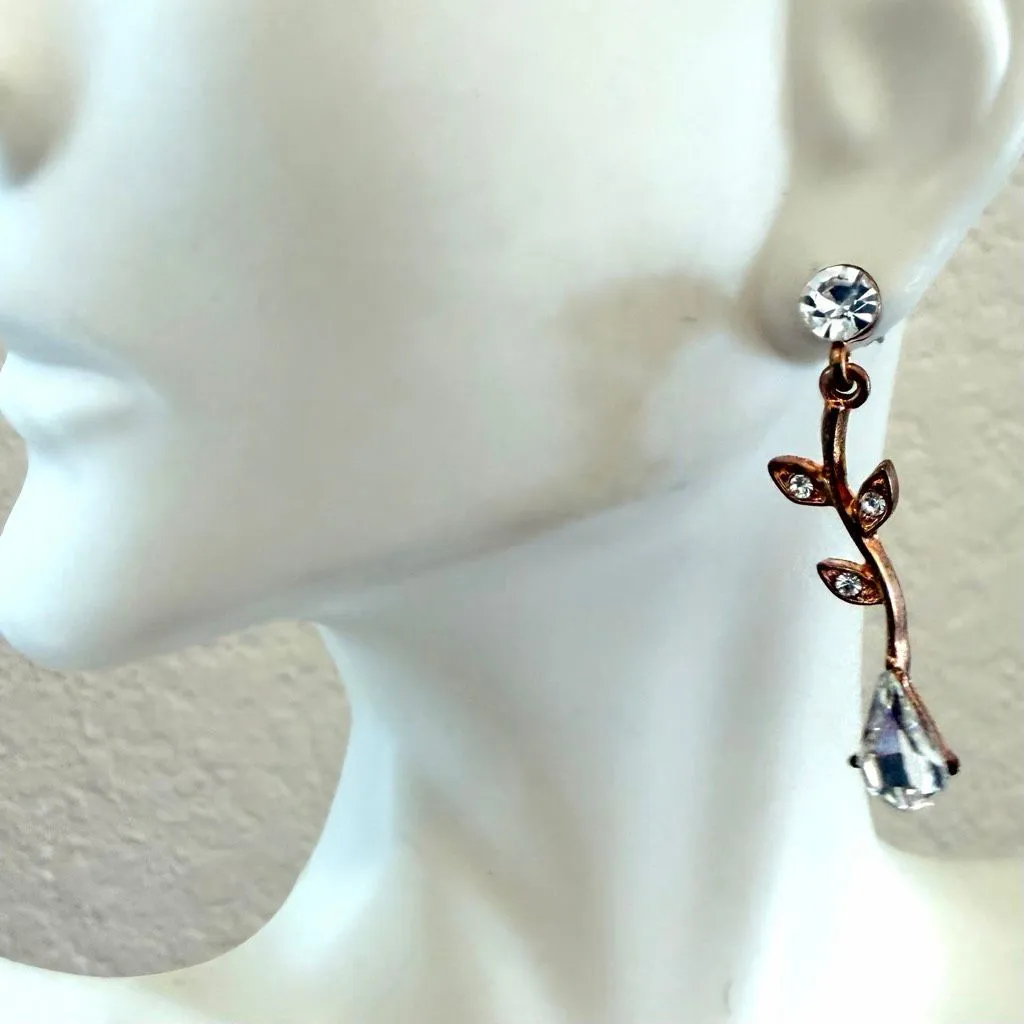 Rose Gold Vine & Crystal Teardrop Earrings - Image 2