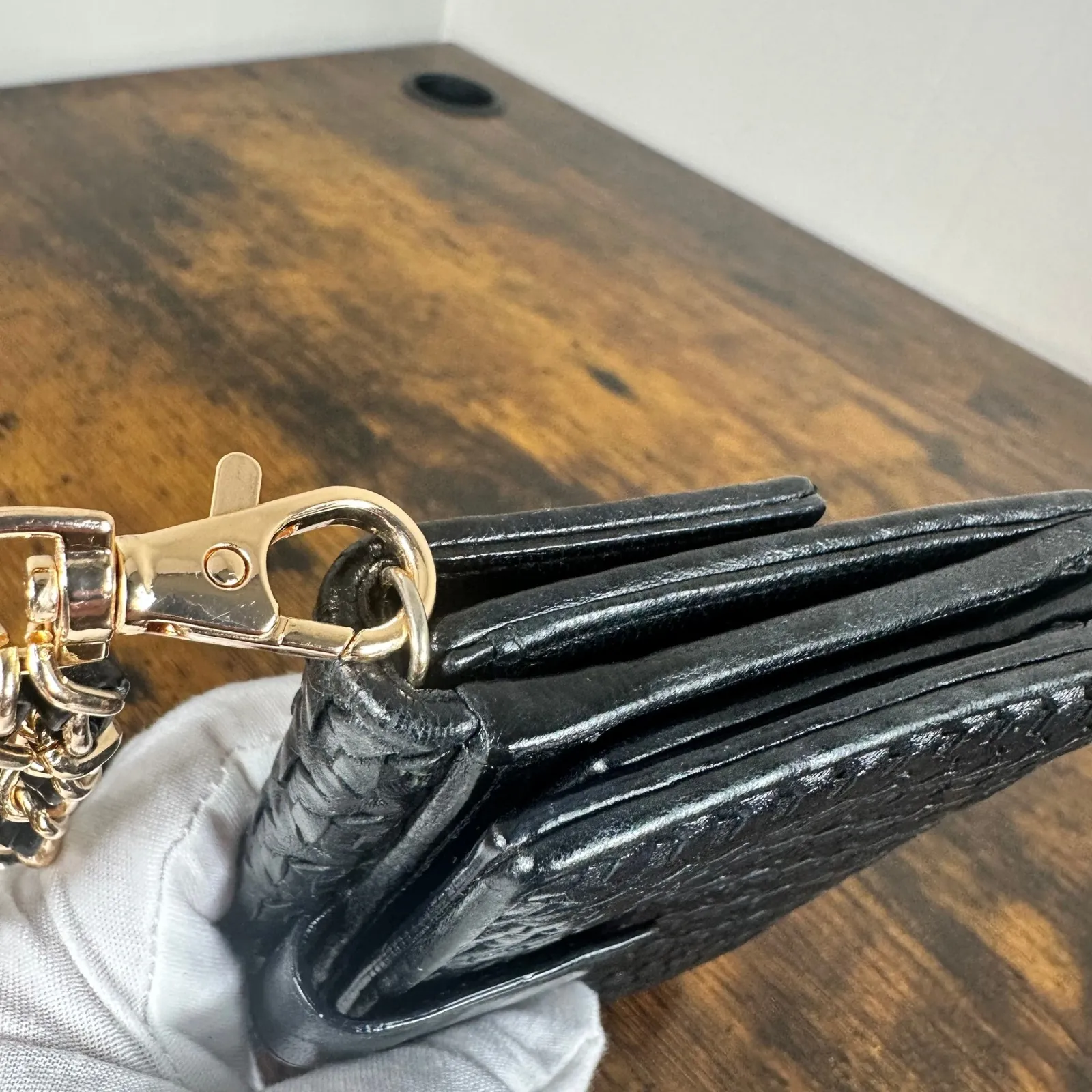 Christian Dior Black Woven Leather Wallet Wristlet Chain Strap Authentic Vintage - Image 14