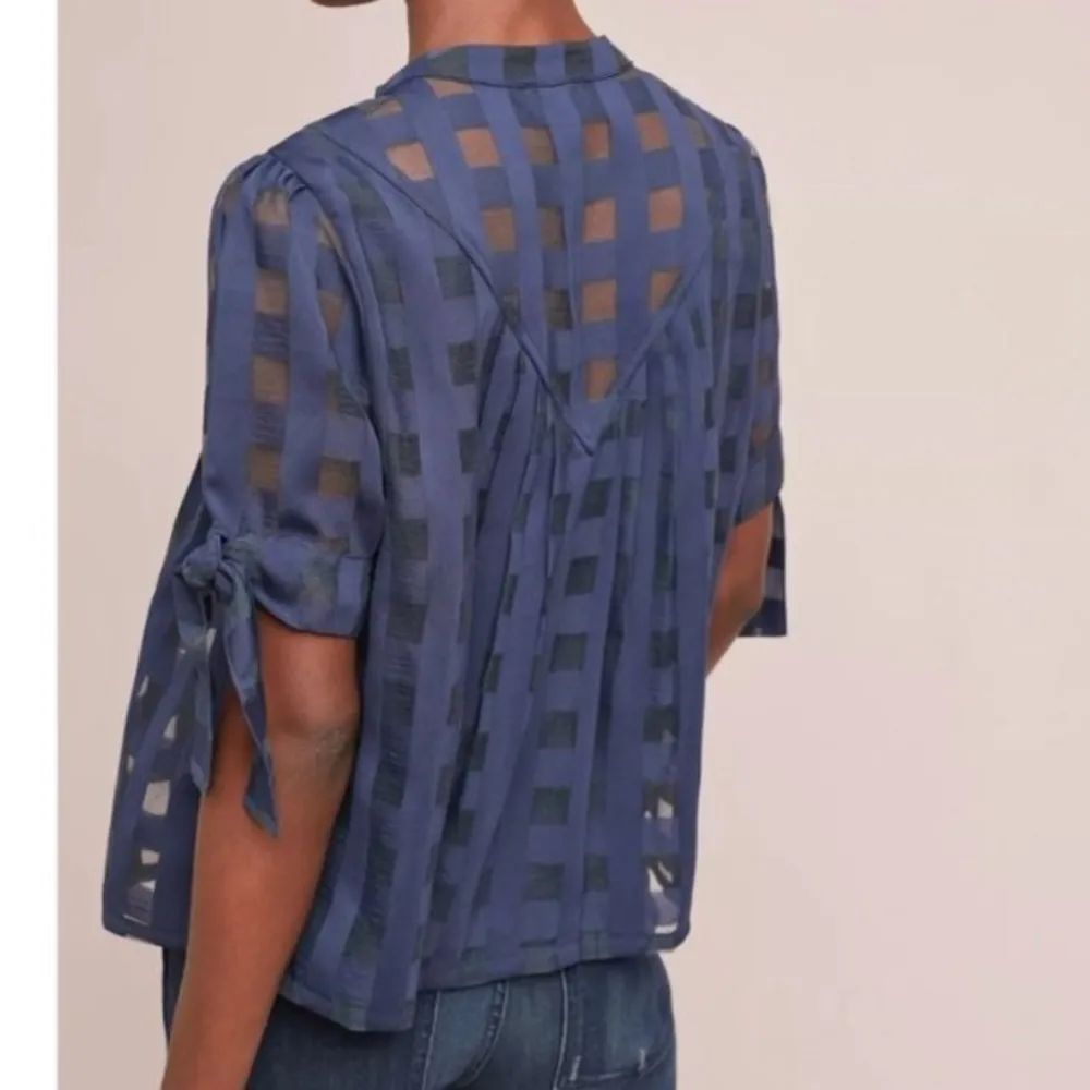 Anthropologie Current Air Navy Blue Windowpane
Button Down Blouse Sz S - Image 3