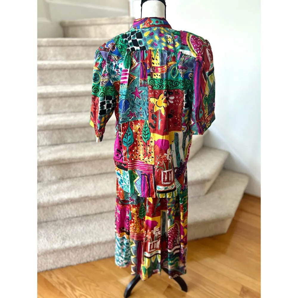 Vintage Two Piece Silk Top & Skirt Pink & Blue FIsh Floral Star Print Size 14 - Image 3