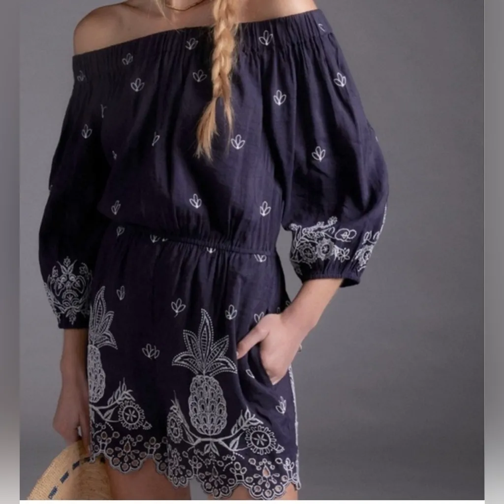 Farm Rio‎ Jackie Romper Navy Blue White Embroidered Linen Blend Summer Size XS - Image 5
