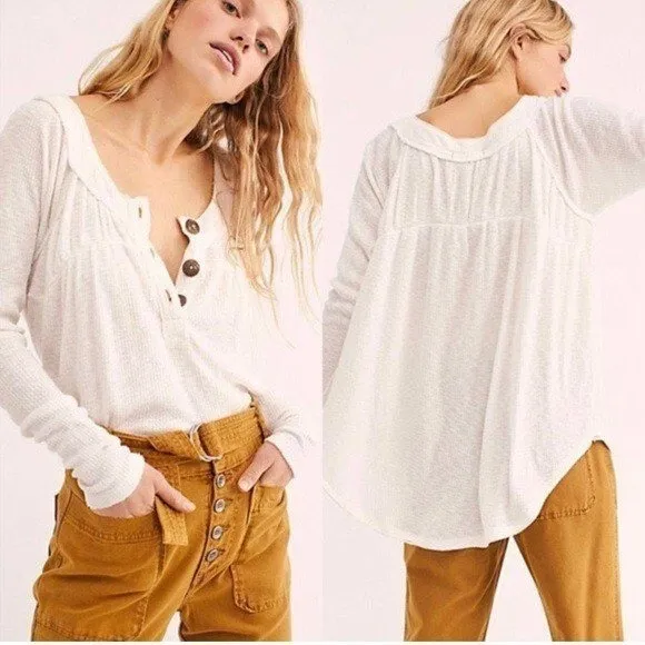 Free People Must Have Thermal Henley Top Womens M Waffle Knit Drape White Raglan - Image 2