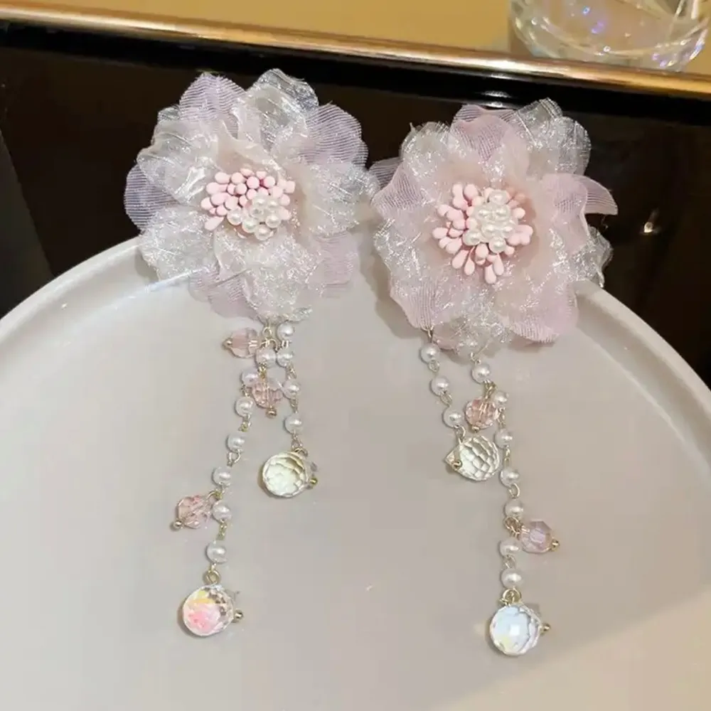 Bohemian Pink Flower Earrings For Women Yarn Drop Earrings Crystal Long Tassel White - Image 5