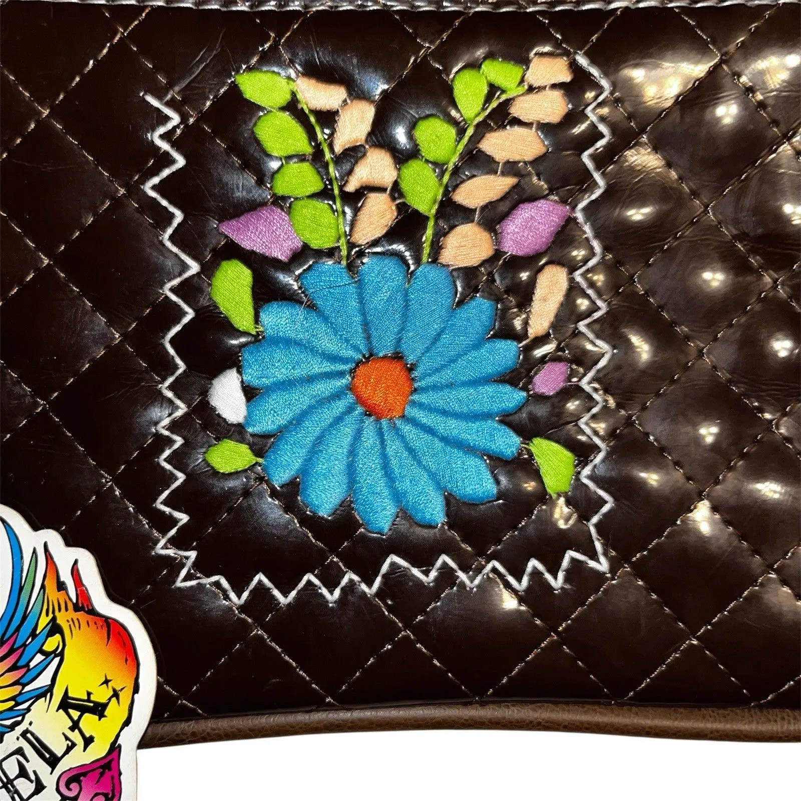 Consuela Quilted Brown Patent w Leather Trim Embroidered Clutch Wristlet NEW - Image 3