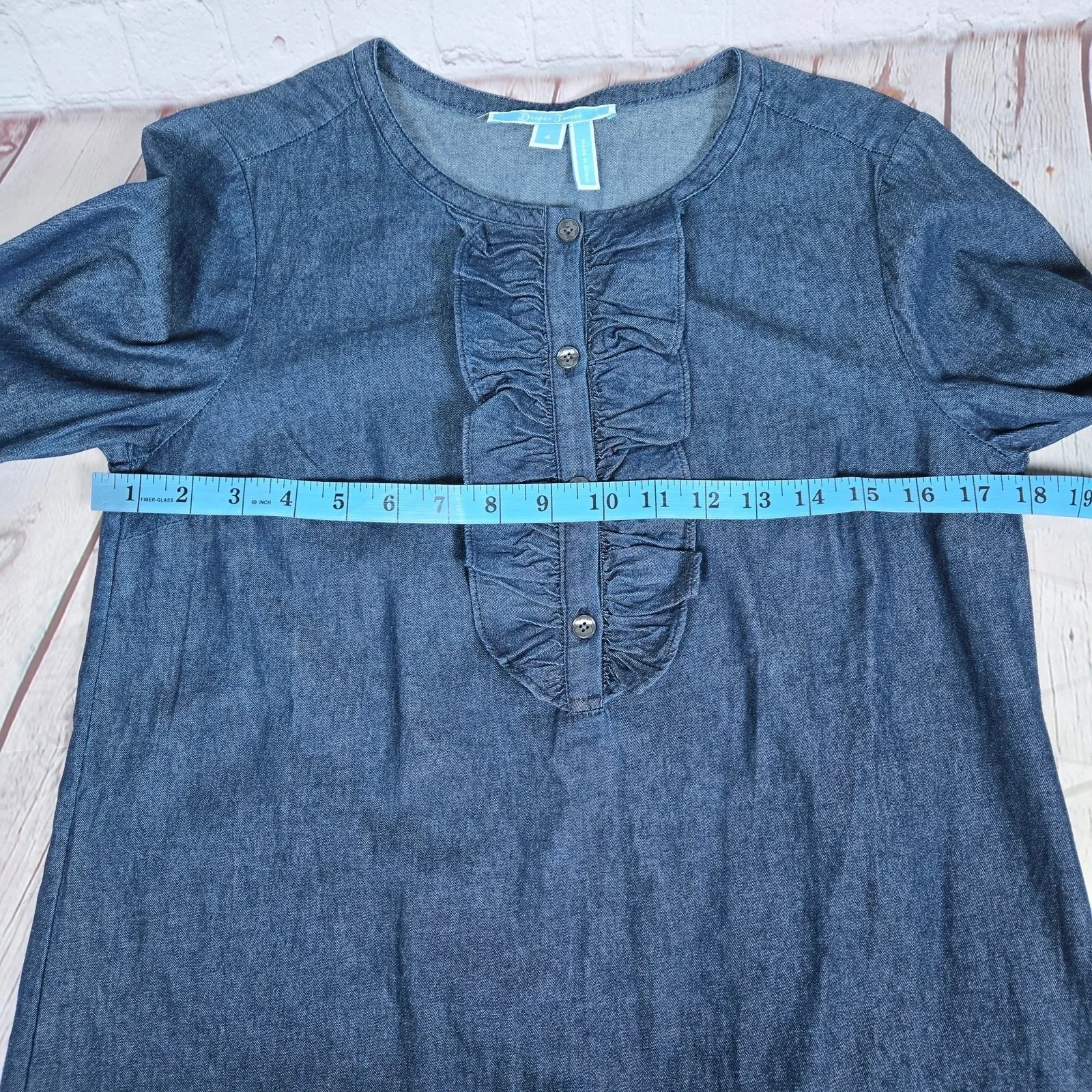 Draper James Chambray Denim Dress‎ Ruffle Front Button Neck 3/4 Sleeve Size 4 - Image 6