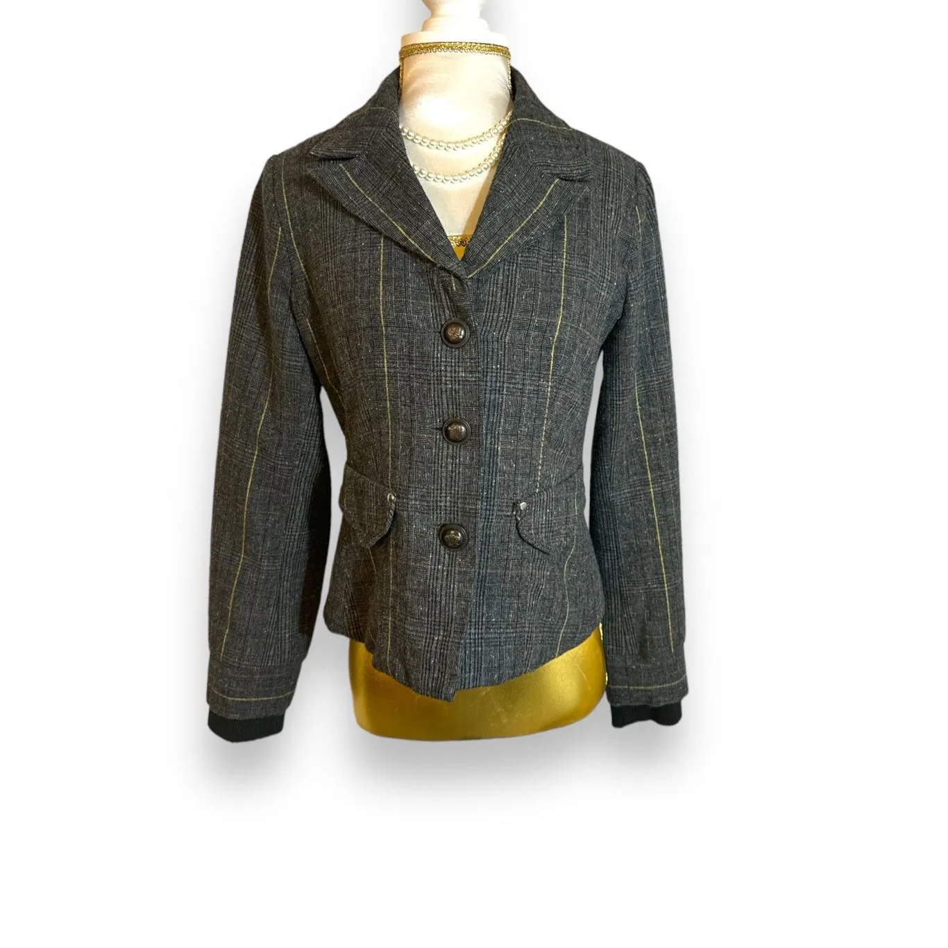 Vintage Y2K "Forever" Women's Grey Green Pinstripe Wool Button Blazer sz S Prepp Gray - Image 2