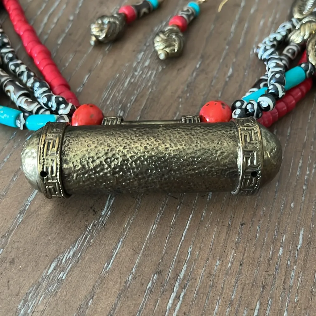 Bajalia Faux Coral Turquoise‎ & Brass Necklace Bracelet Earrings Red - Image 2