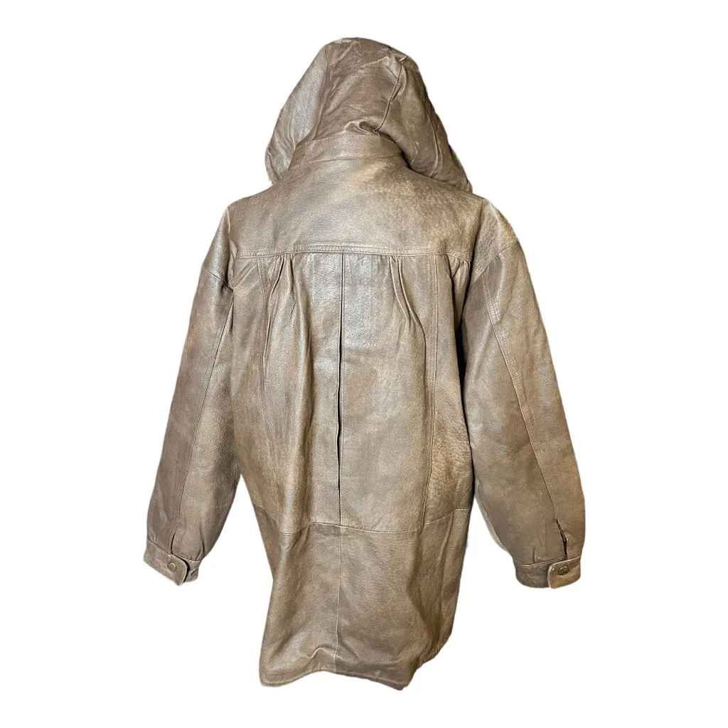 Wild Cats Pelsnoer Denmark Women Brown Leather Plaid Lining Hooded Jacket Coat L Size L - Image 15