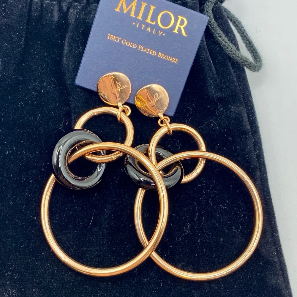 🆕 18kt Rose Gold Earrings Bronzallure & Onyx 3” Dangly Circle Hoop, MILOR ITALY Pink - Image 10