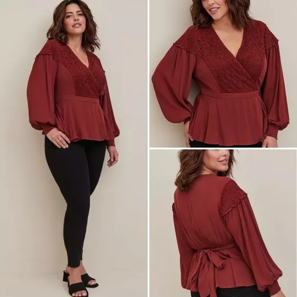 TORRID Crinkle Gauze Lace Inset Surplice Top Tie Wrap in Madder Brown Size 1 - Image 2