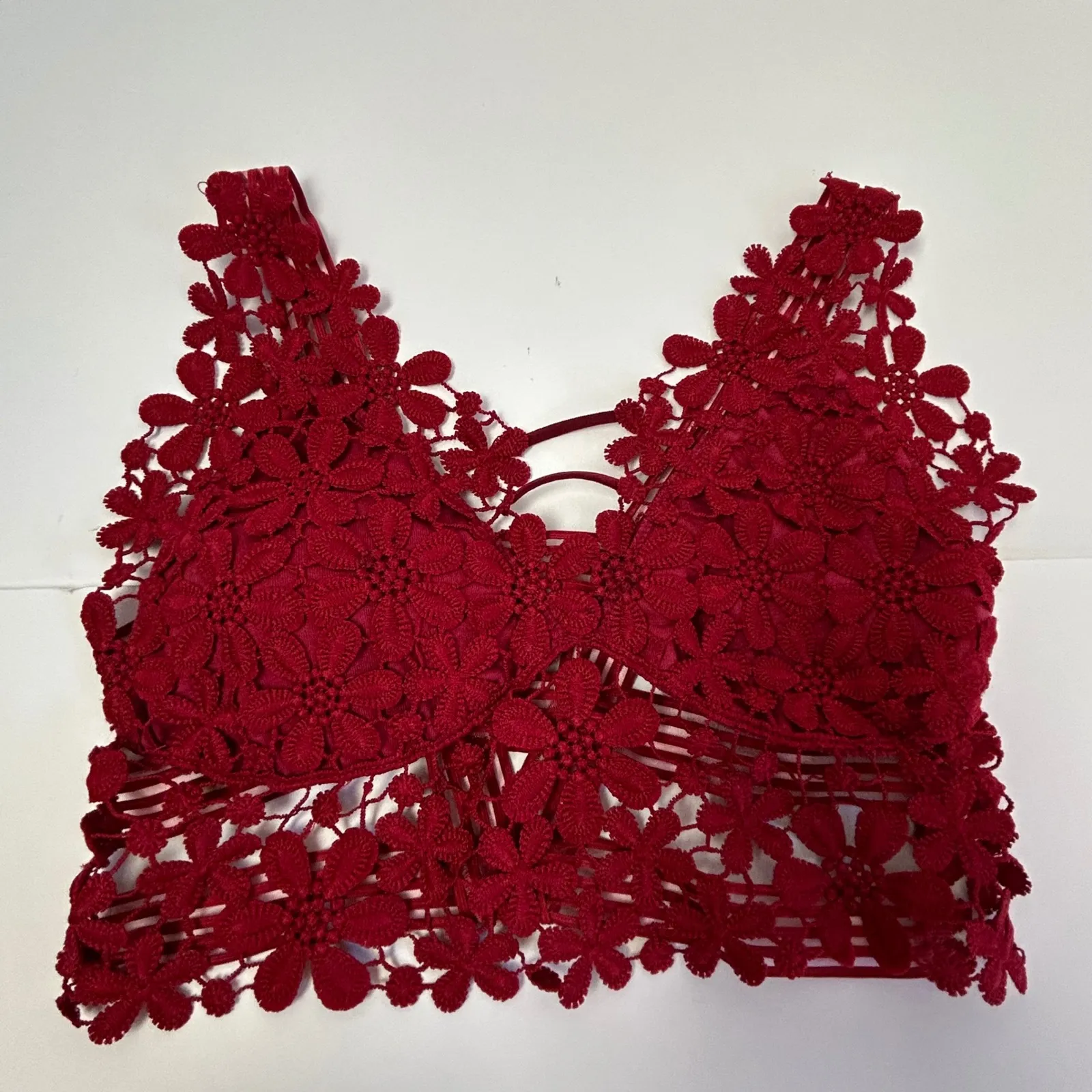 Womens Burgundy Crochet Floral Lace Bralette Crop Top Crisscross Back Size Large Red - Image 2